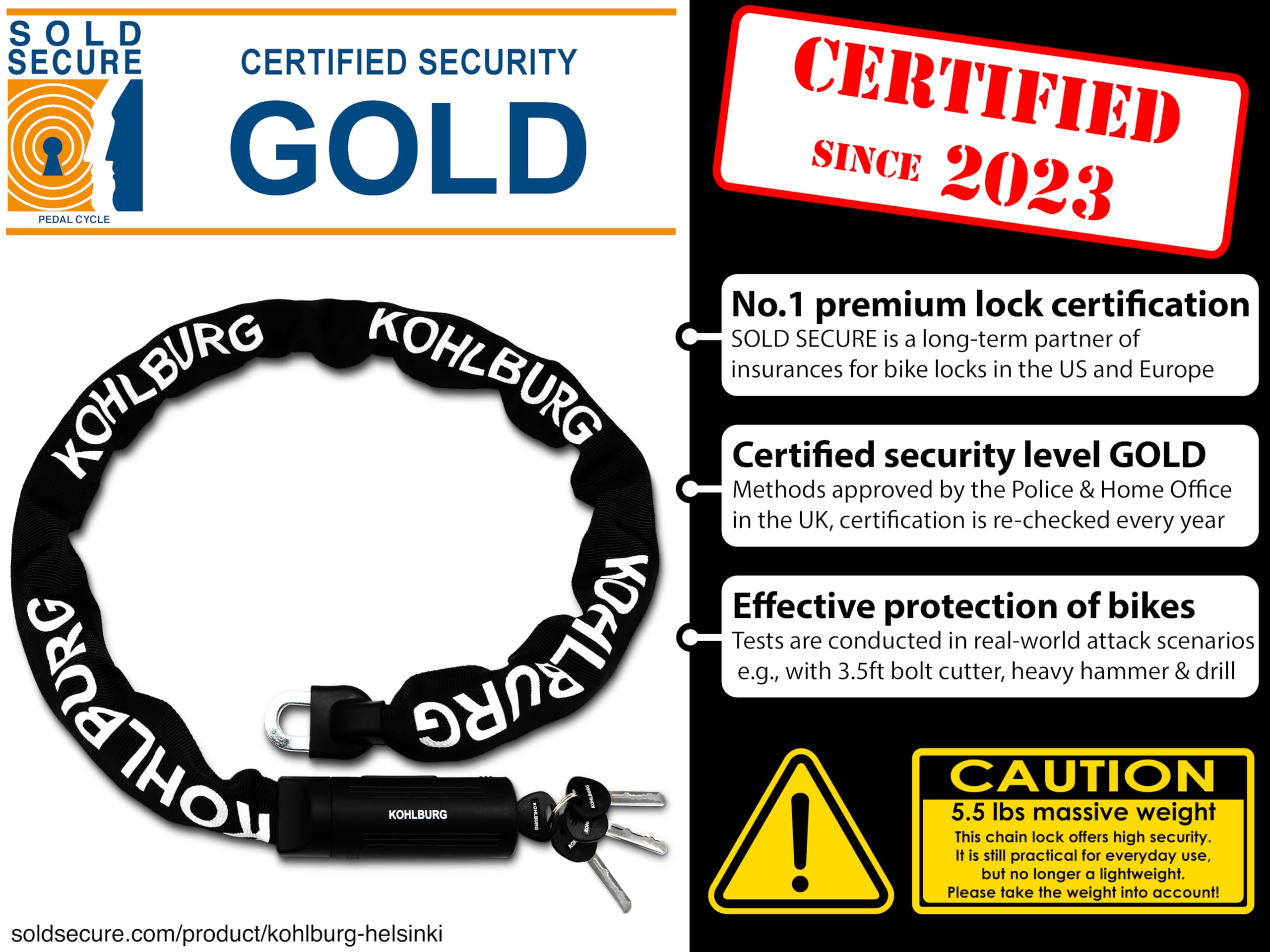KOHLBURG Security Chain Lock – Sold Secure Gold – 4ft Long Bike Chain Lock with 4 Keys – Heavy Duty Bike Lock 0.33" – Bicycle Lock, Ebike Lock & Motorcycle Chain Lock – Motorbike & Scooter Anti Theft