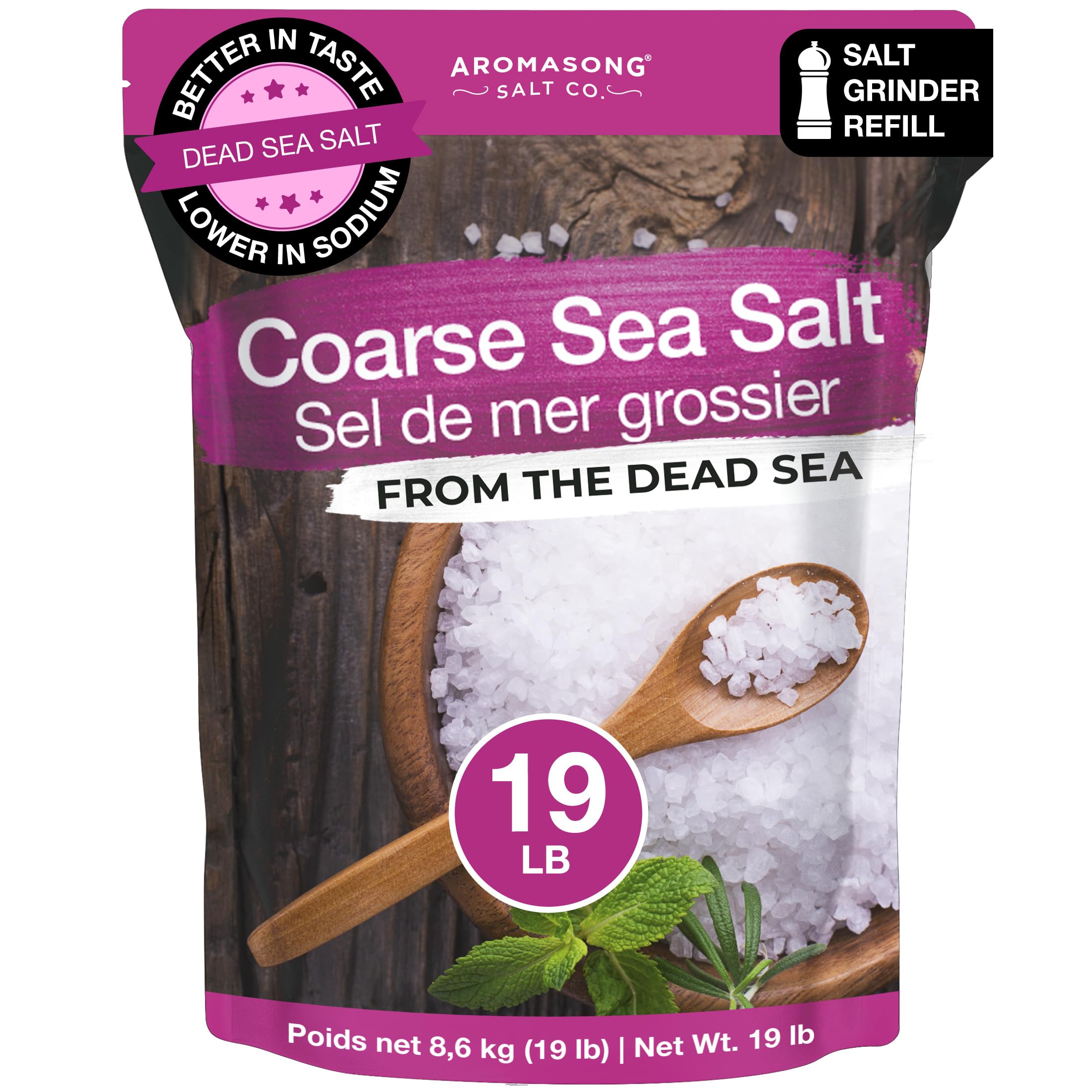 Aromasong 100% Natural Sea Salt Bulk Food Grade 19 Lb, Coarse Grain, Large Resealable Bag, Pure Gluten Free Unrefined Dead Sea Salt - Grinder Refill For Daily Cooking, Canning & Pickling. (Packaging May Vary)