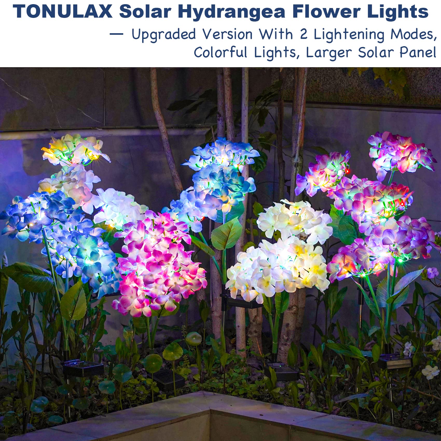 TONULAX Solar Garden Lights - 3 Pack Upgraded Version Outdoor Lights, Colorful Hydrangea Flower Light for Yard Decor, Garden Decoration, Two Lightning Modes & Enlarged Solar Panel