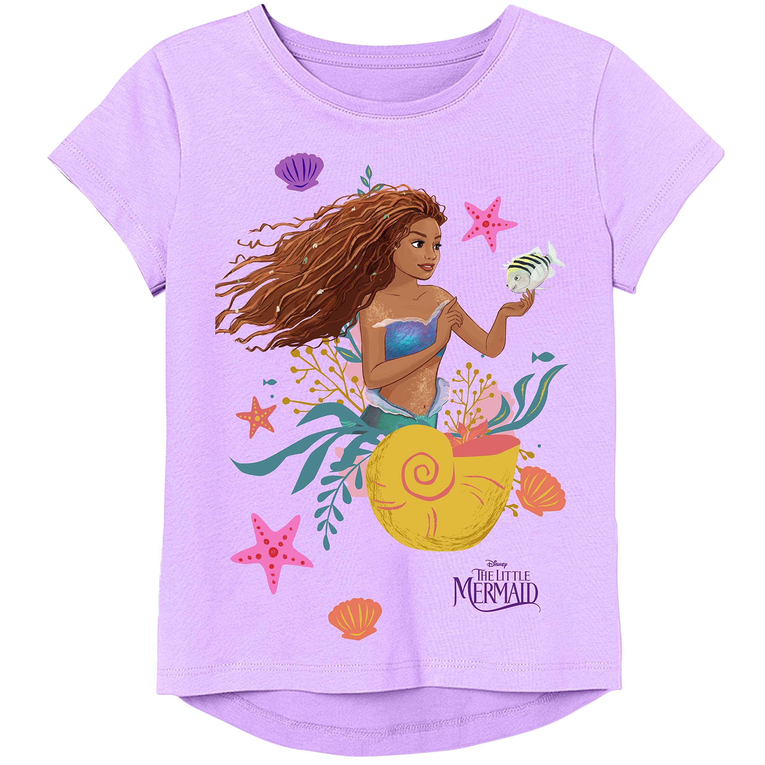 Disney Little Mermaid Movie (Live Action) Girls Hi-Lo Shirttail T-Shirt-Ariel, Flounder, Lavender, 45021