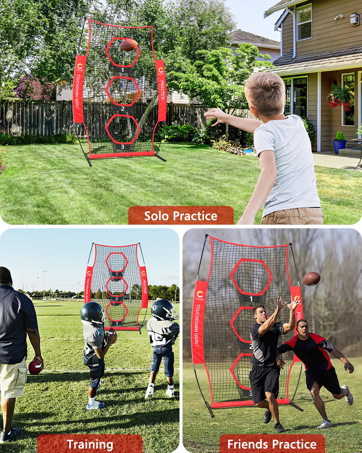 Choiana Football Net, 8 x 4ft Football Throwing Target Net Trainer w/ 3 Pockets, Practice Net Quarterback Training Equipment for Throw Accuracy Improving w/Carry Bag, Ground Stake for Backyard Kids