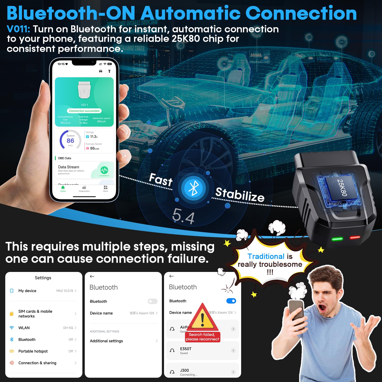 Bluetooth OBD2 Scanner APP for Car: Wireless Easy Setup 1S Auto Connect to Phone - Clear/Reset Vehicle Engine Error Code Reader Diagnostic Tool for iOS/Android