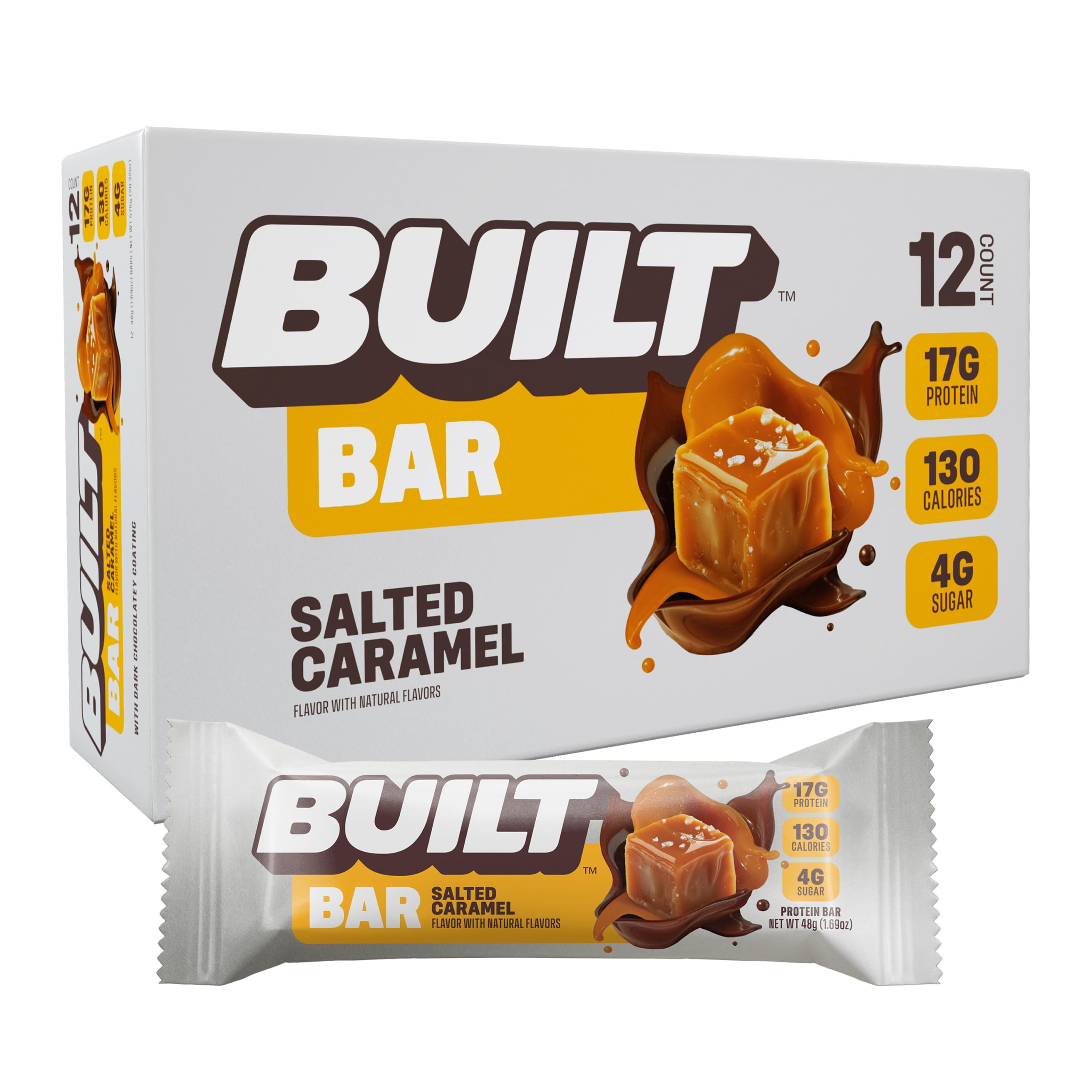 BUILT Bar, High Protein Bars, 17g High Protein Snacks, On-The-Go Bars with only 130 Calories & 4g Sugar, Salted Caramel, 12 Count