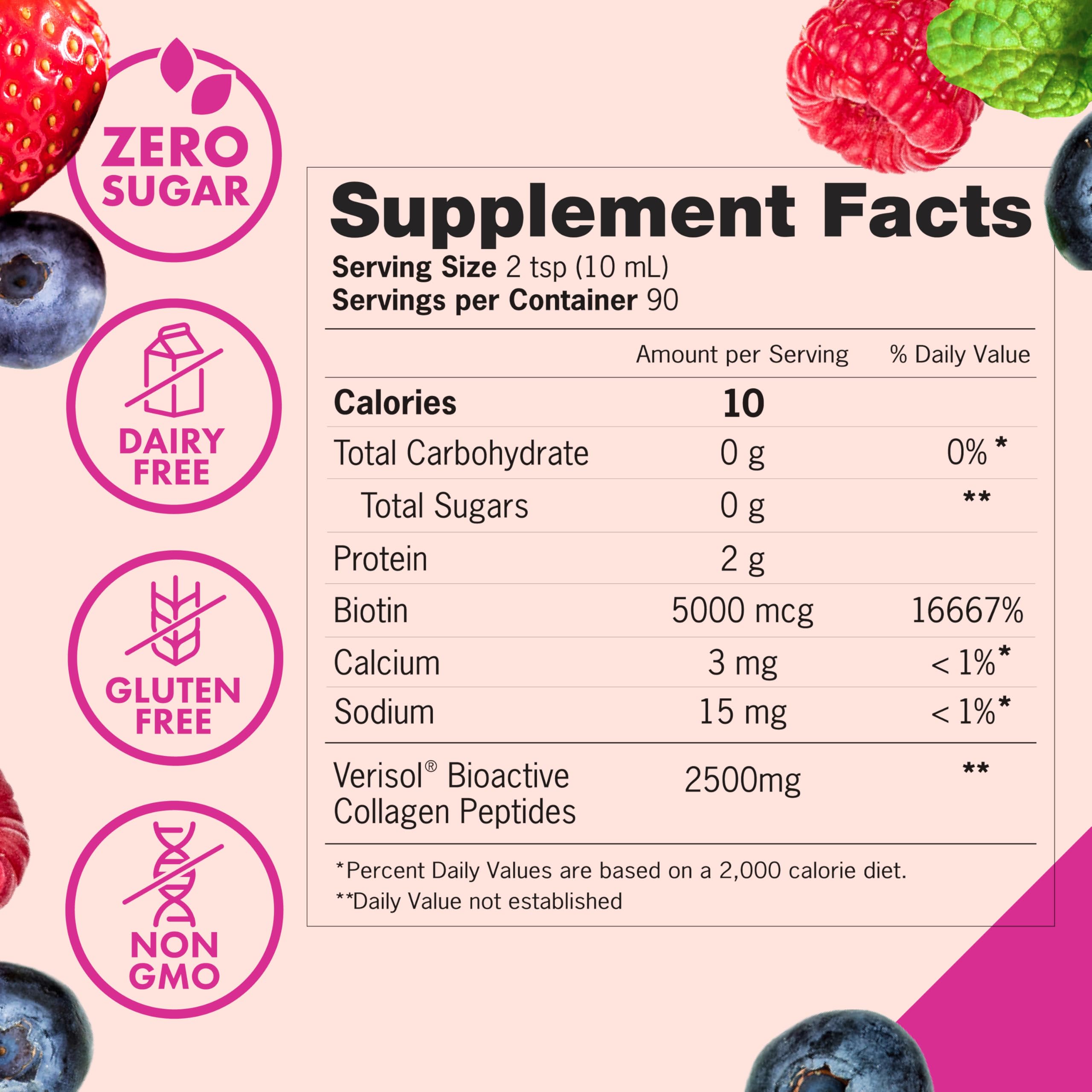 Zena Nutrition Liquid Collagen Peptides and Biotin, 2500mg Verisol Bioactive Collagen Peptides, 5000mcg Biotin, Hair, Skin, Nail Supplement for Women and Men, Mixed Berry, 90 Servings, 30 fl oz