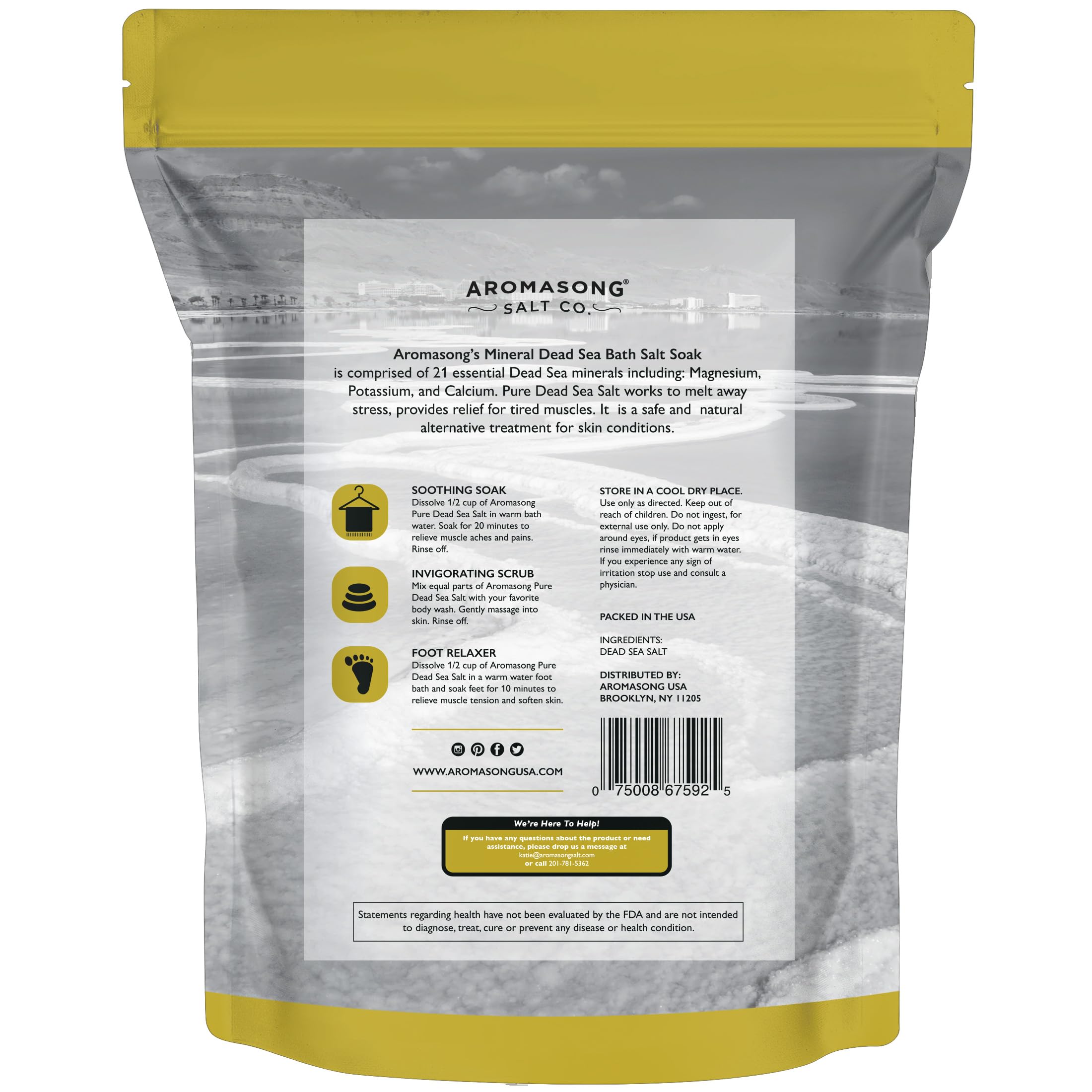 Aromasong Dead Sea Salt - Spa Bath Salt - 19 Lbs Fine Grain Bulk - 100% Pure - Better Absorbing Than Epsom Salt - Soak for Women & Men for Skin Issues and to Relax Tired Muscles - Resealable Pack.