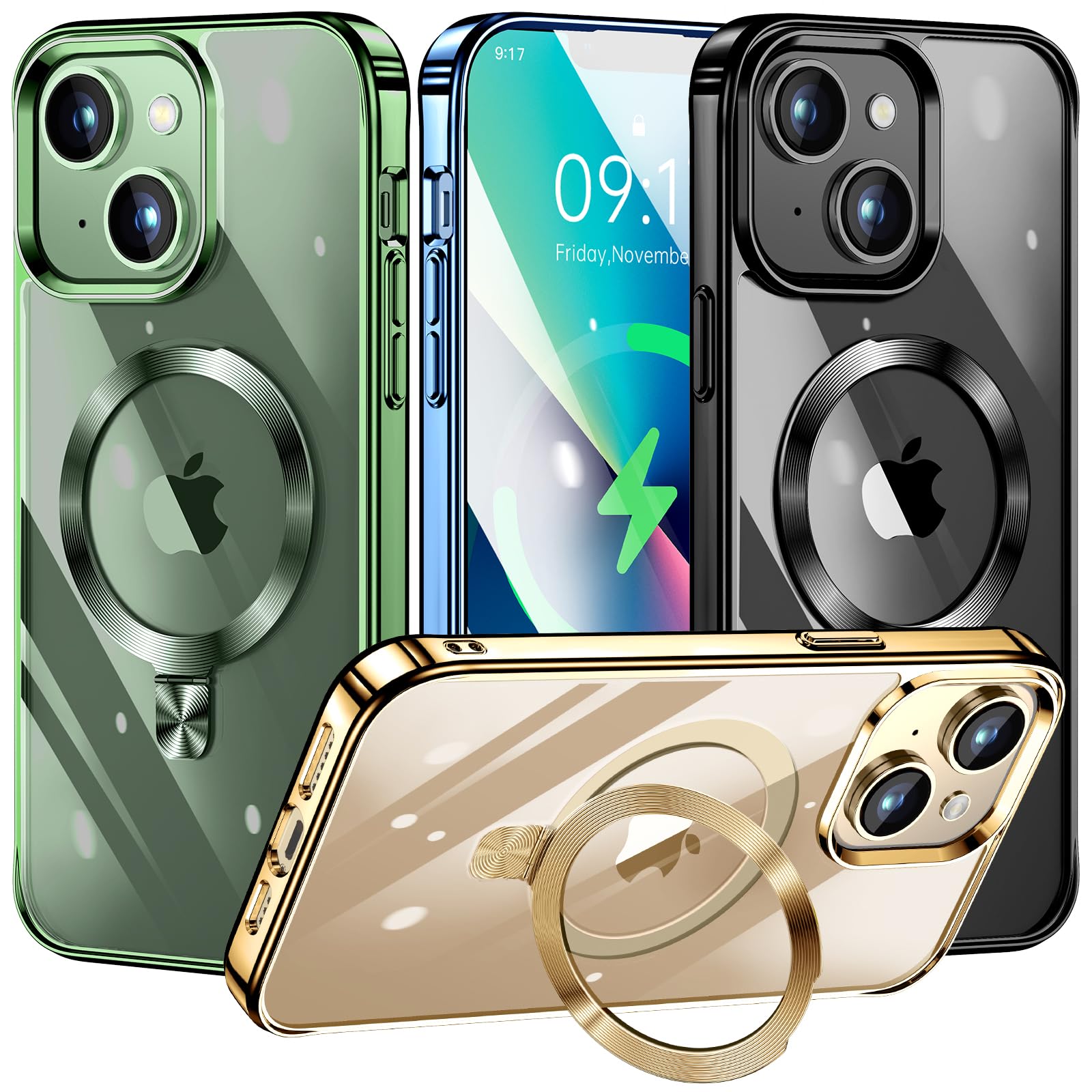 [CD Ring Compatible with MagSafe Invisible Stand]Magnetic for iPhone 13 / iPhone 14 Case, [Electroplated Bumper Non-Yellowing][Look as Bare iPhone]Slim Clear Case with Holder for Women Men Girls