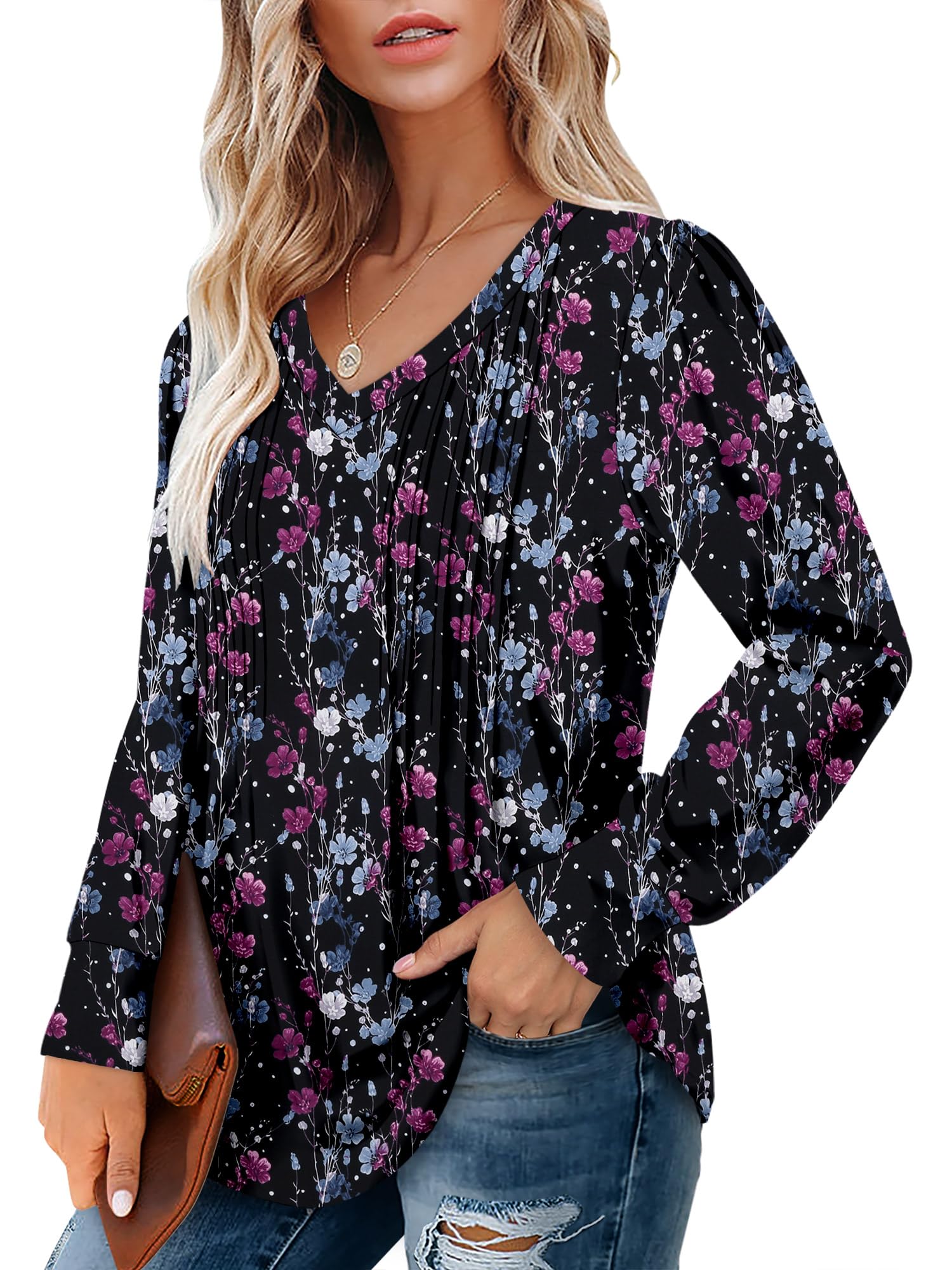 BETTE BOUTIK Womens Blouse Boho Long Sleeve Business Casual Shirt Fall Trendy Winter Loose Cute V Neck Flowy Tunic Tosp Plus Size Floral Pleated Tees Plum Black 3X