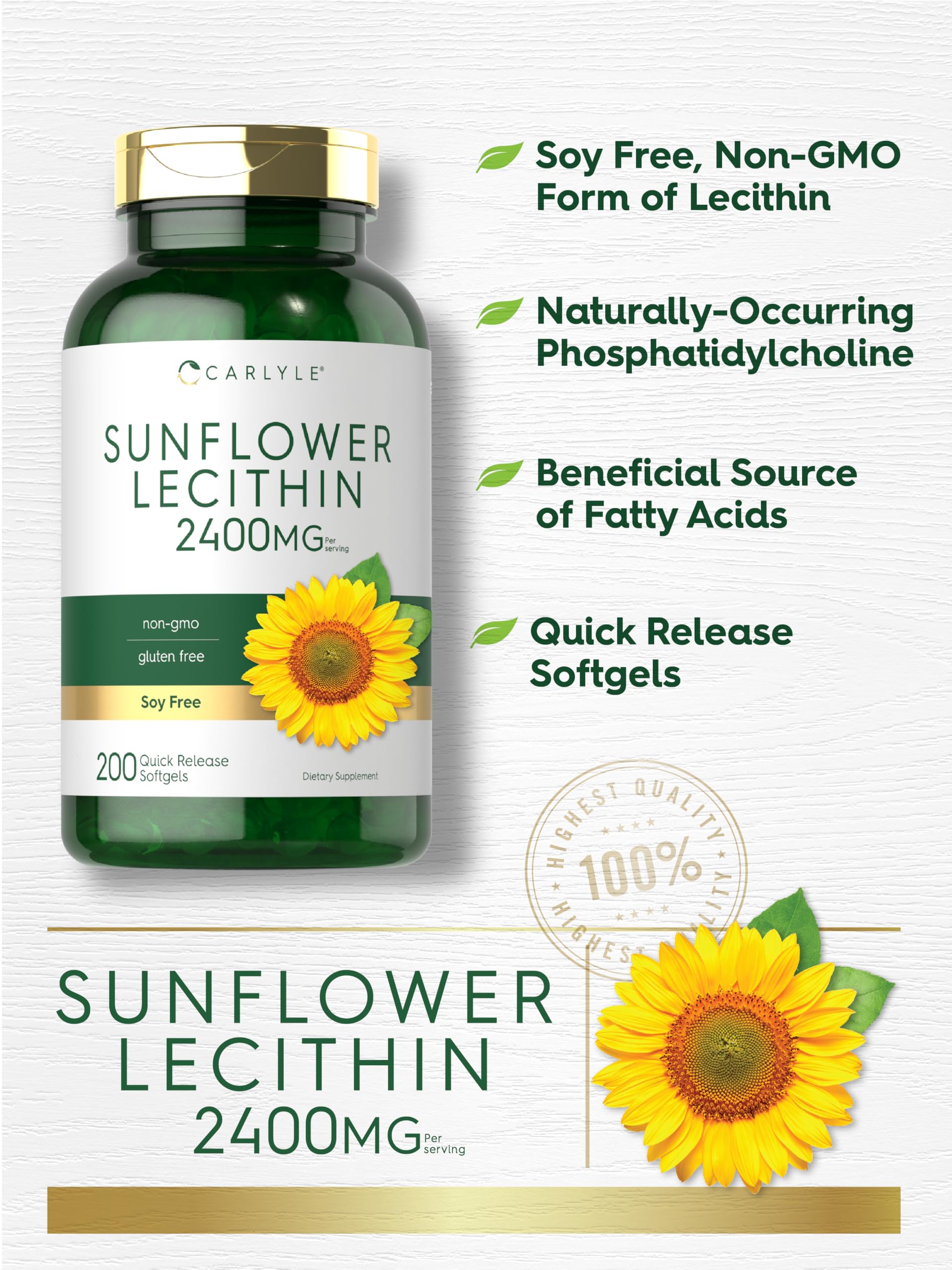 Carlyle Sunflower Lecithin Softgel Capsules | 2400mg | 200 Count | Rich in Phosphatidyl Choline | Non-GMO, Soy Free, Gluten Free Supplement
