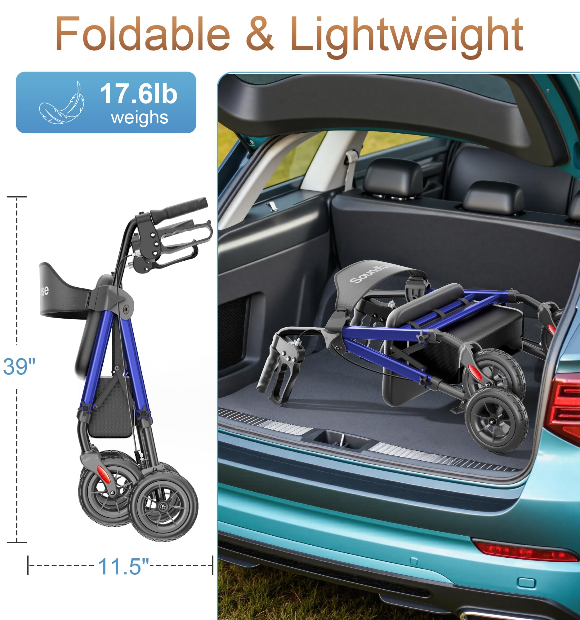 SOUNDFUSE Rollator Walkers for Seniors with Seat, Foldable Lightweight Rolling Walker with 8" Big PU Wheels, Ergonomic Seat, Dual Height Adjustment