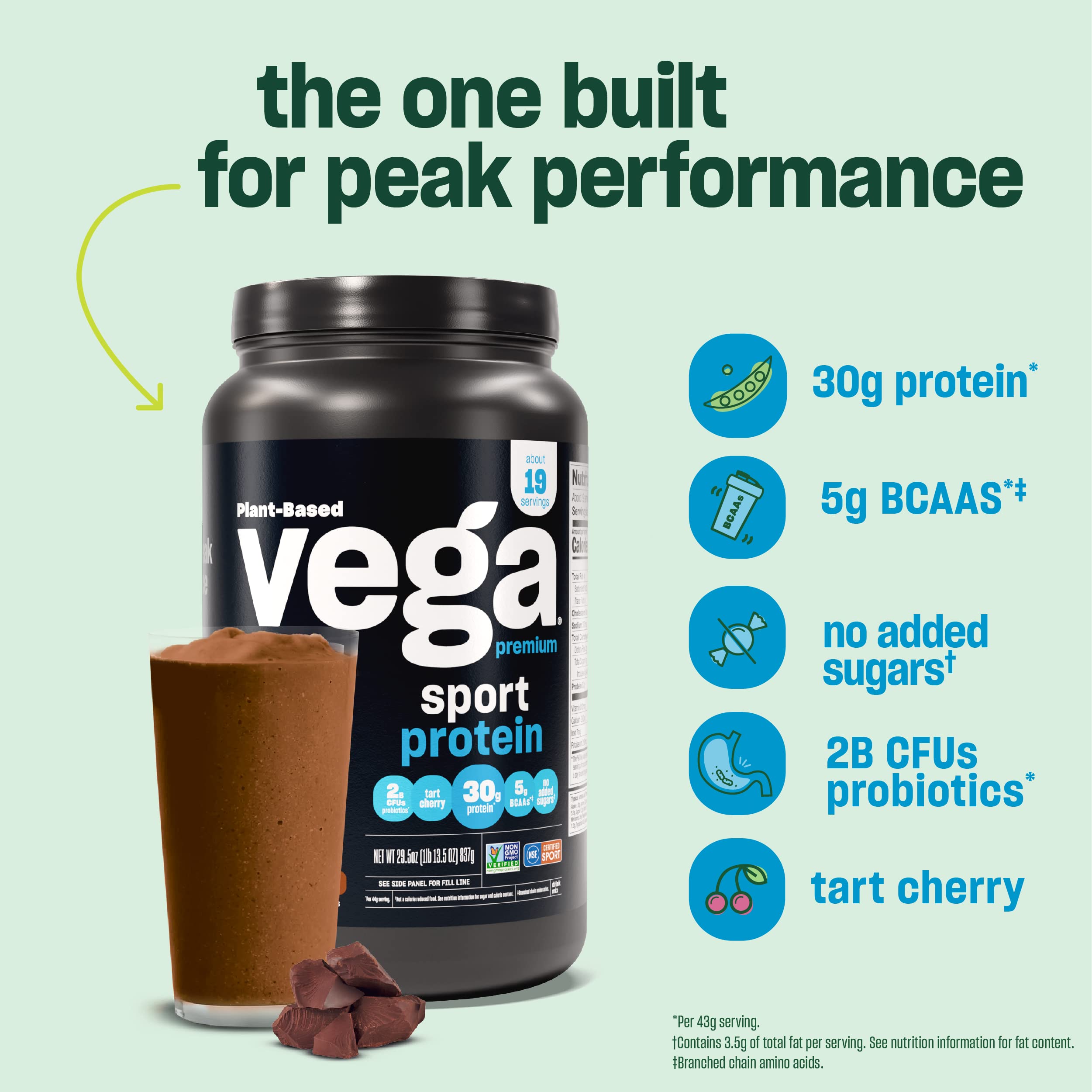 Vega Sport Premium Vegan Protein Powder Chocolate(45 Servings) 30g Plant Based Protein,5g BCAAs,Dairy Free,Gluten Free,Non GMO,Pea Protein for Women and Men,4lbs 5.9Oz(Packaging May Vary)