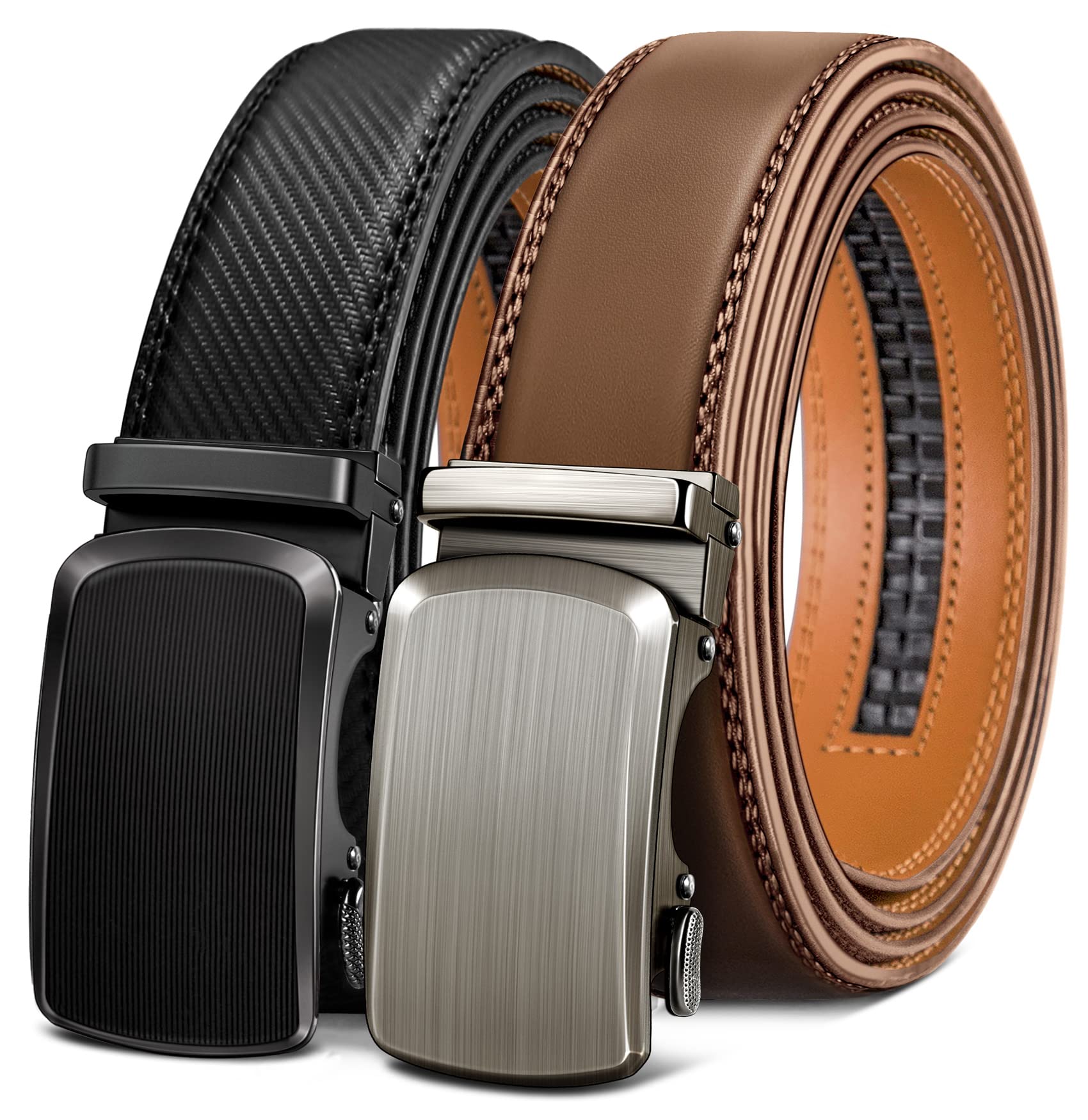 BULLIANT Men Belts 2 Pack,Ratchet Sliding Belt Adjustable For Gift Mens Dress Casual 1 3/8",Cut for Fit(Black/Tawny,32"-38" Waist Adjustable)