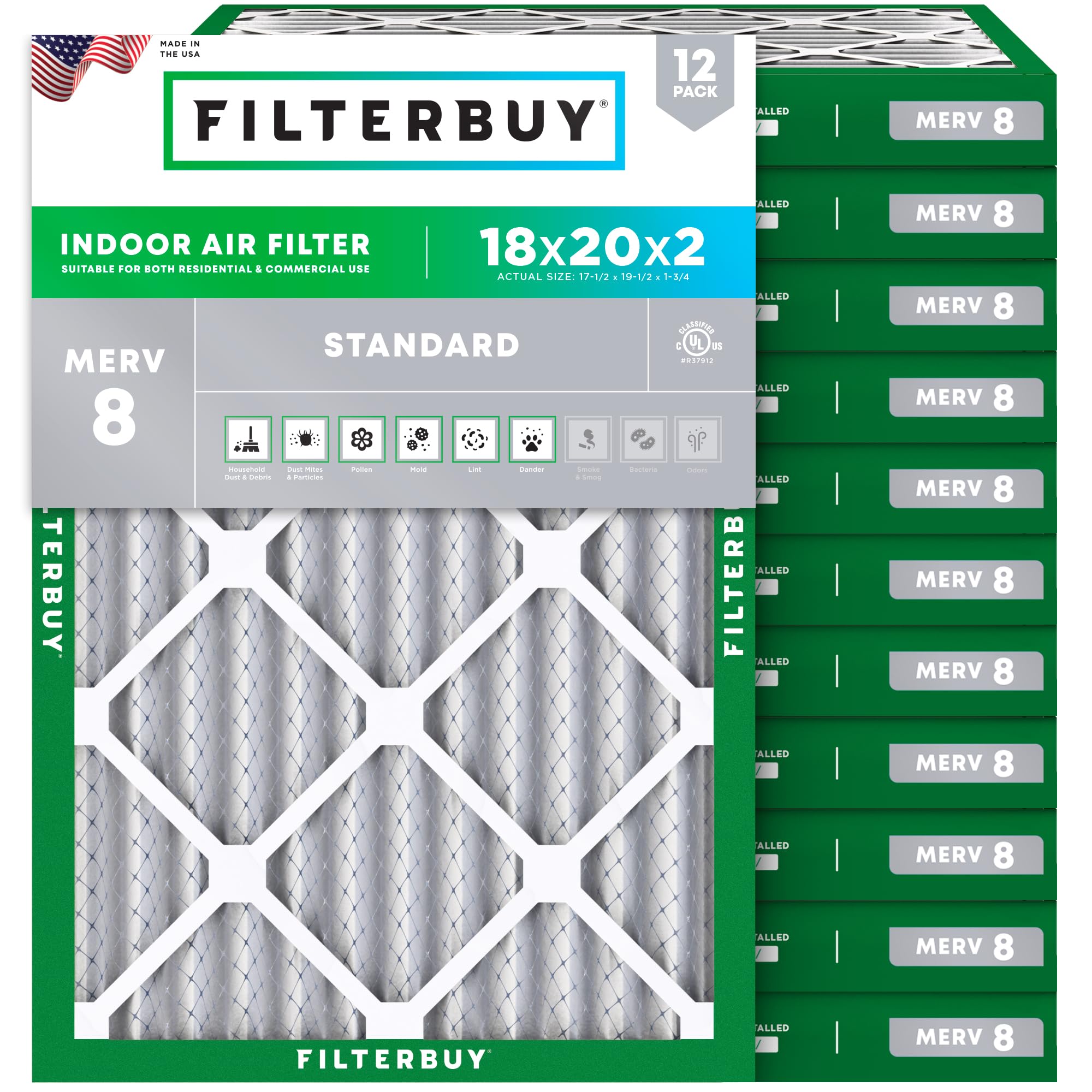 Filterbuy 18x20x2 Air Filter MERV 8 Dust Defense (12-Pack), Pleated HVAC AC Furnace Air Filters Replacement (Actual Size: 17.50 x 19.50 x 1.75 Inches)