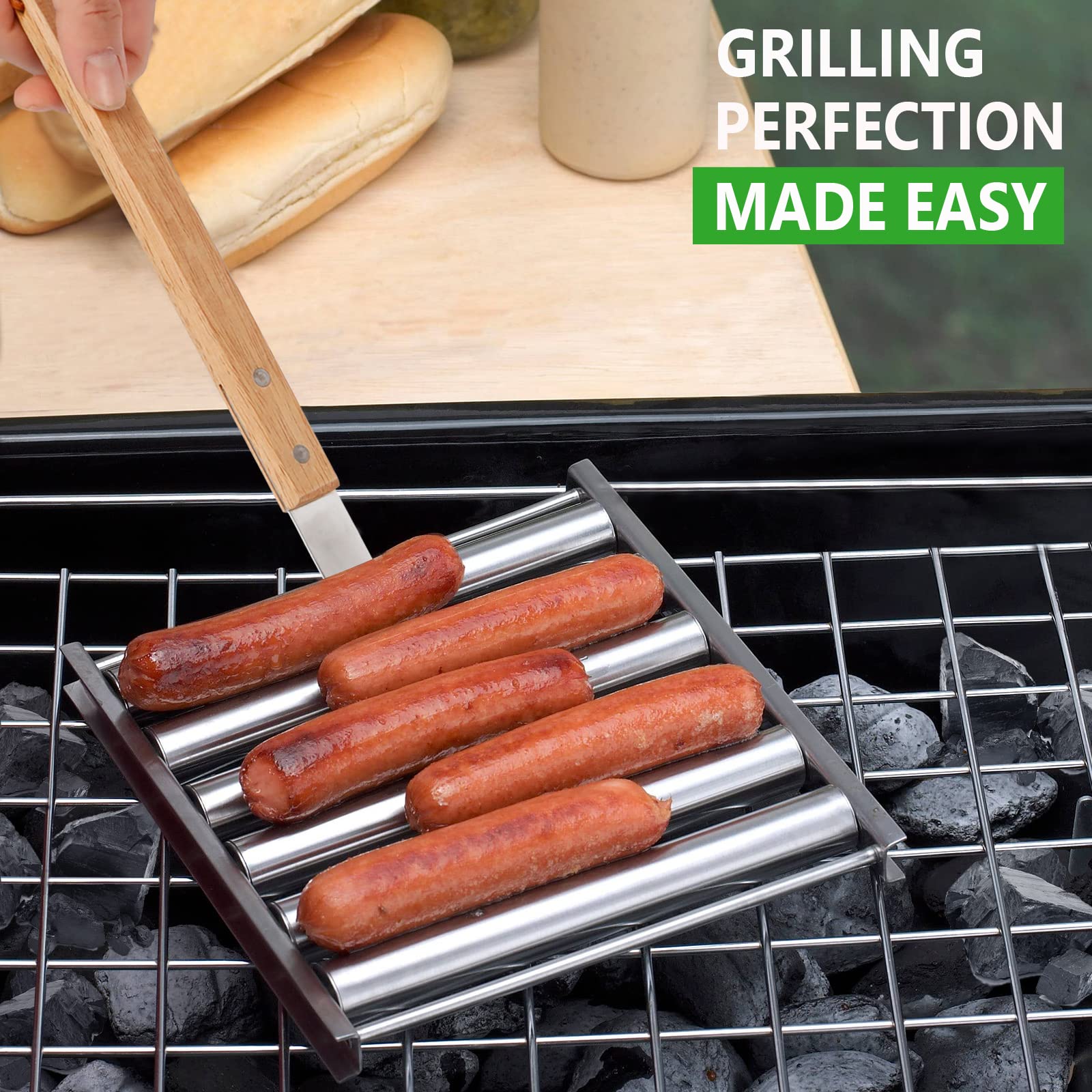 KAYCROWN Hot Dog Roller Stainless Steel Sausage Roller Rack with Extra Long Wood Handle, BBQ Hot Dog Griller For Evenly Cooked Hot Dogs, 5 Hot Dog Capacity