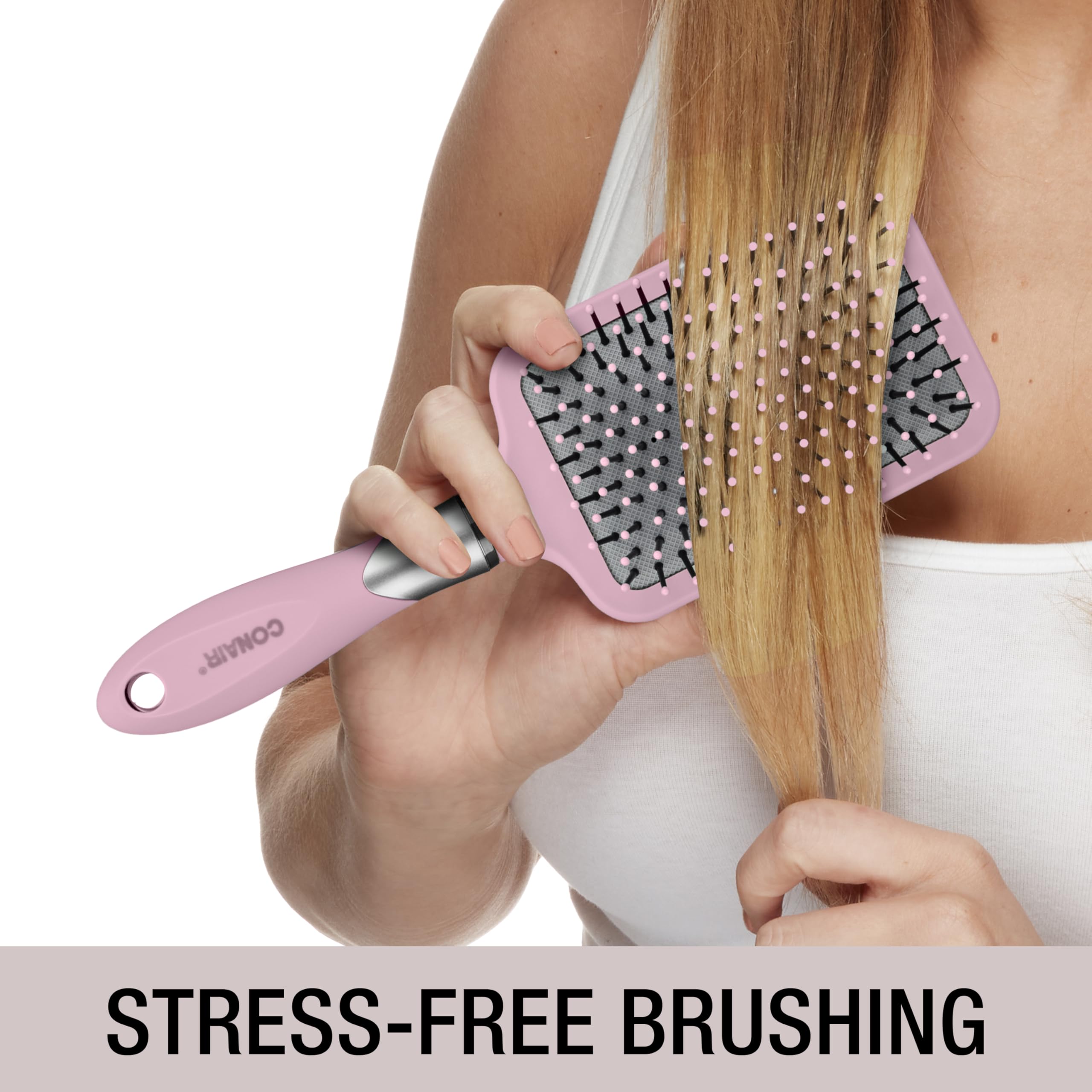 Conair Velvet Touch Paddle Cushion hair brush - Detangling hairbrush - curly or straight styles - men or women - detangler - features soft touch handle - Blush Pink