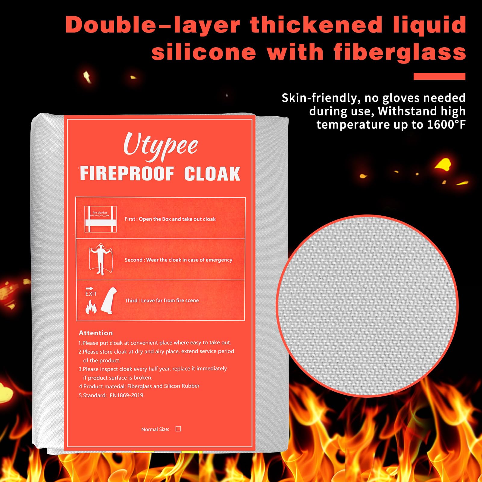 Utypee Emergency Fireproof Cloak with Hood – Silver Silicone Coated Fiberglass Fire Blanket, 59 x 47 Inches, Heat Resistant Safety Cover for Escape- fire Retardant Blanket - fire Extinguisher