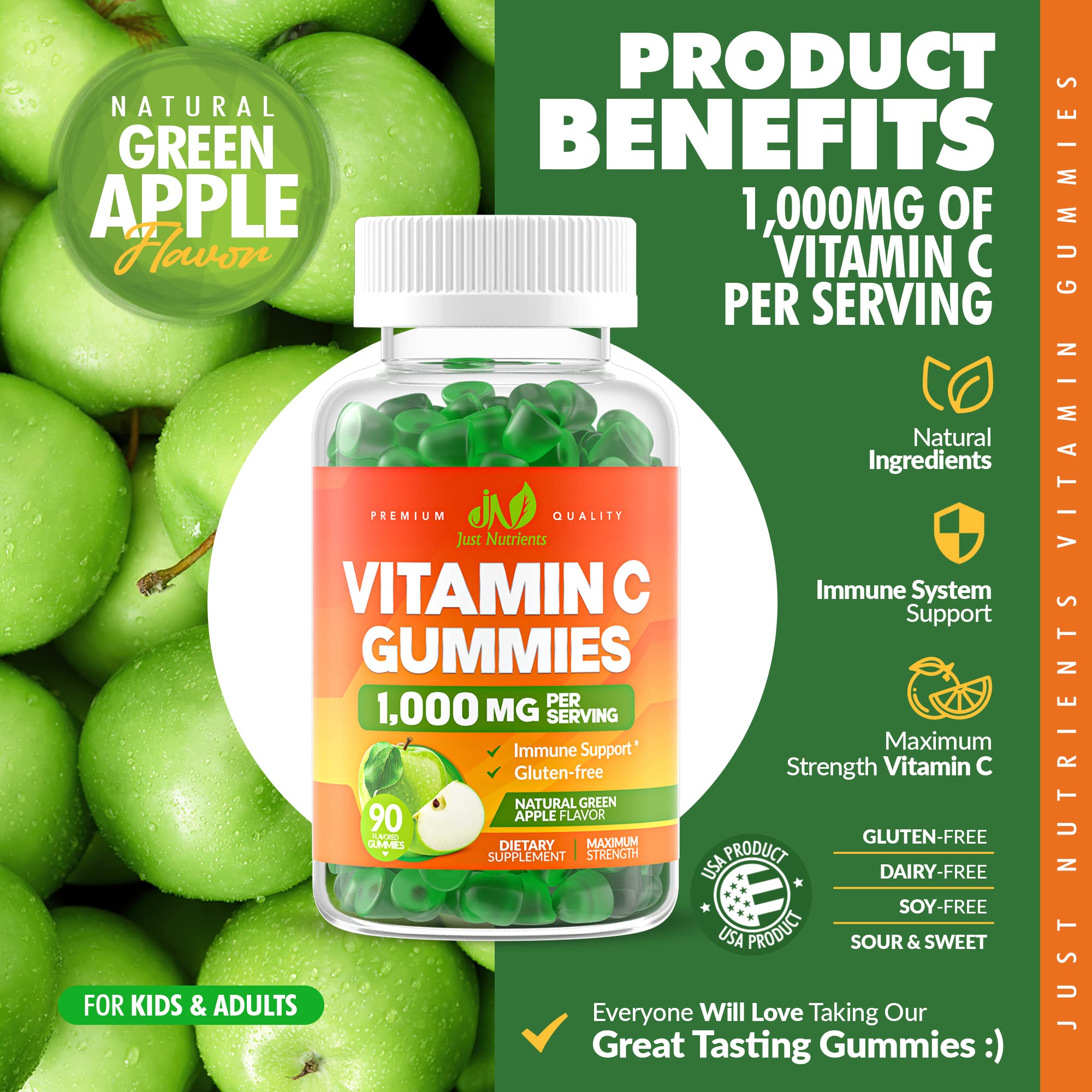 Vitamin C 1000mg Gummies for Adults & Kids - Maximum Strength Immune Support, Collagen Support for Skin - Sour Green Apple Flavor - Gluten Free, Non-GMO, 100% Vegetarian - 90 Gummies (30 Servings)