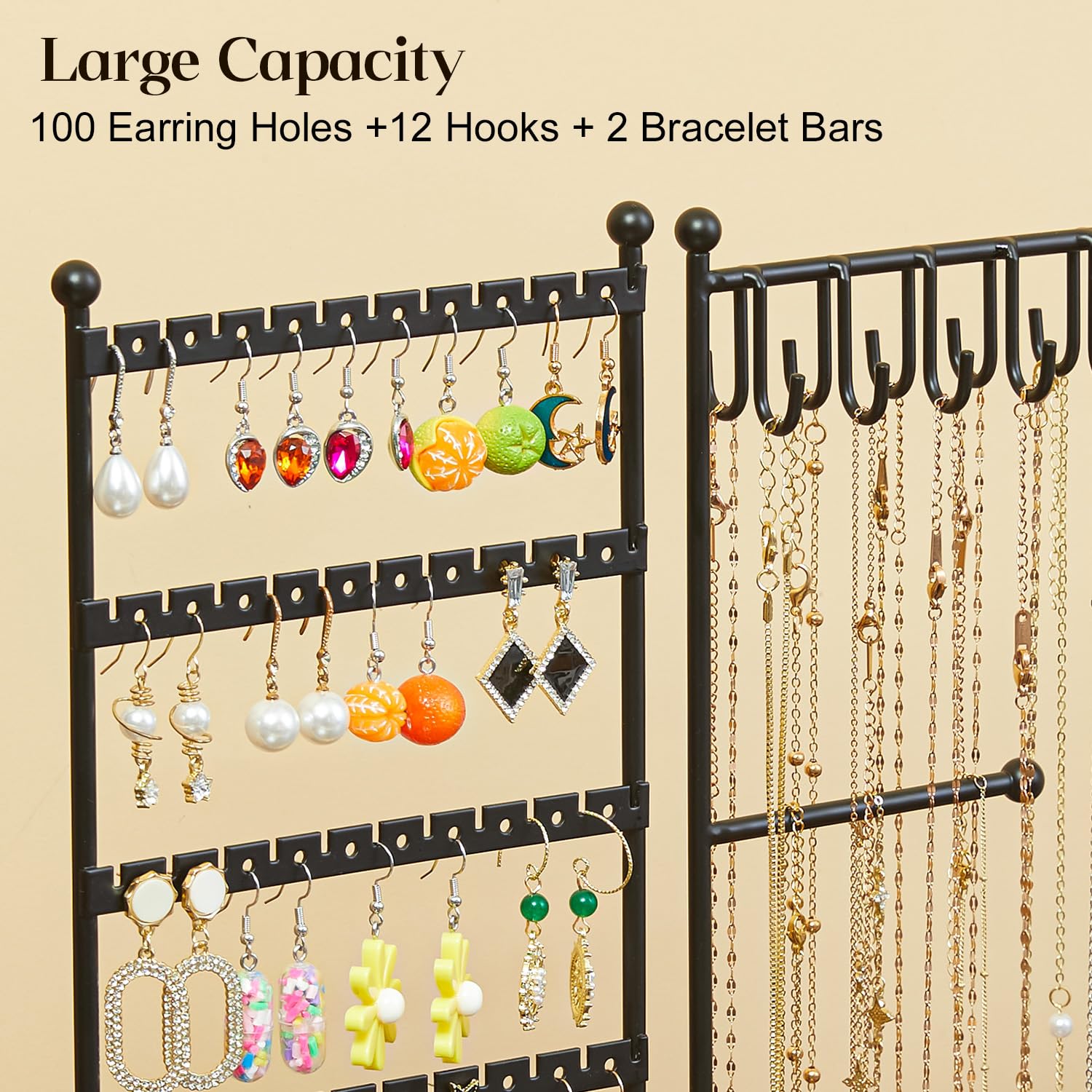 Jewelry Organizer with Earring Holder,Necklace Holder with Ring Tray, Jewelry Stand Tree Holder Organizer For Earring Ring Necklace Bracelet Display and Storage,12 Hooks,100 Earring Holes,16 Ring Slot