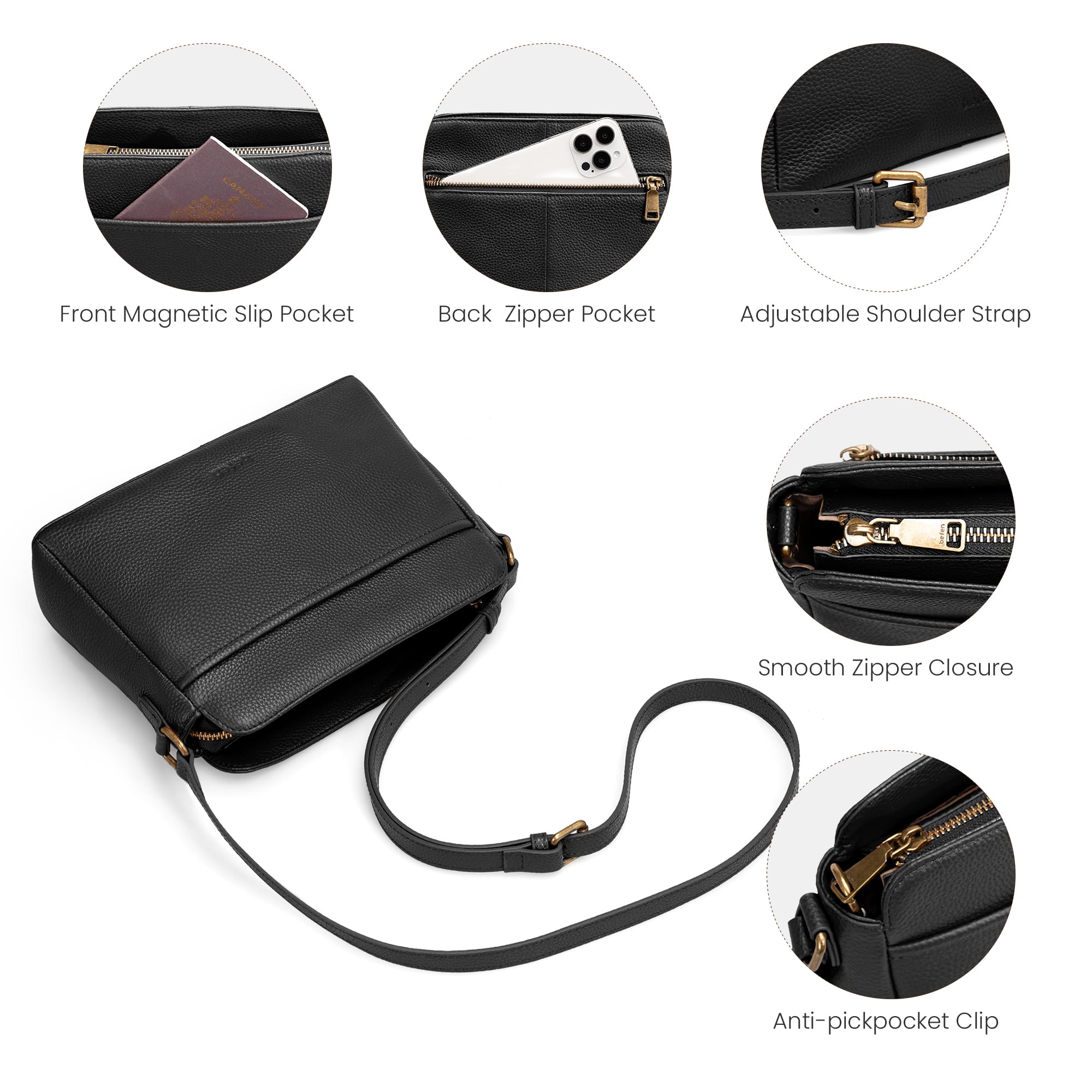 befen Black Crossbody Purse for Women Small, Ladies Genuine Leather Shoulder Bags with Rfid Blocking Designer Anti-theft Handbags for Travel