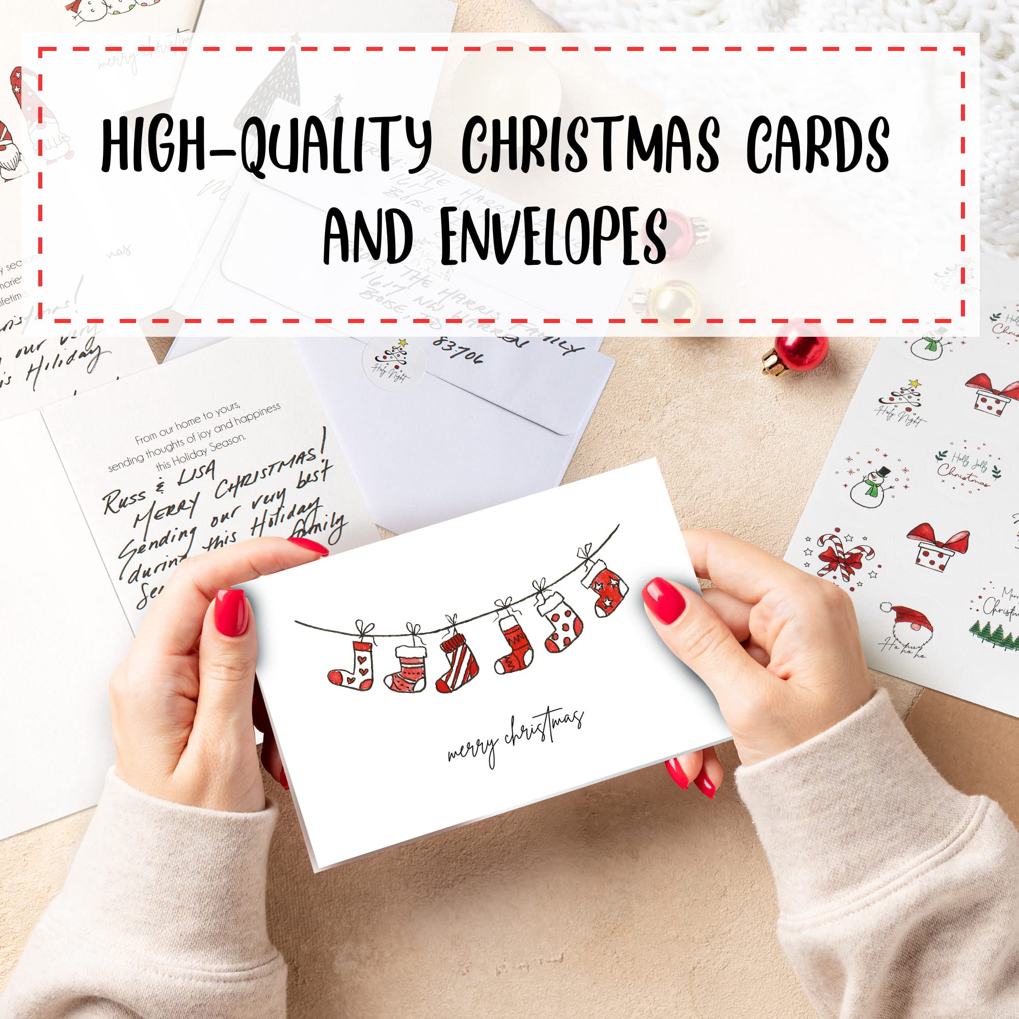 ZICOTO Beautiful Modern Christmas Cards Set of 20 - Incl. Bulk Envelopes, Matching Stickers And Storage Box - Perfect to Send Warm Holiday Wishes to Friends and Family