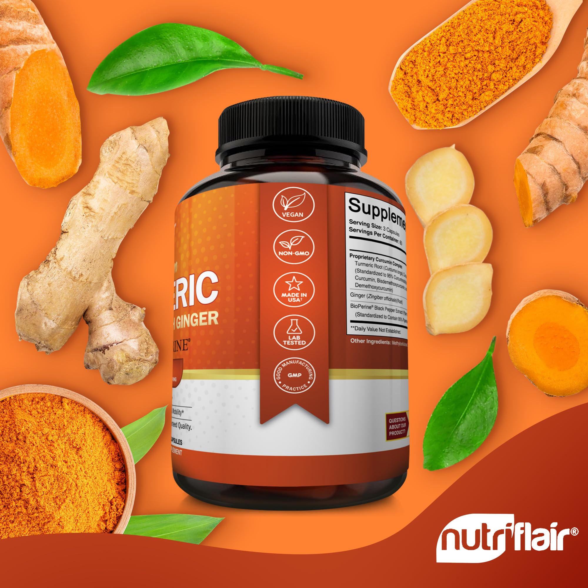 NutriFlair Turmeric Curcumin with Ginger and BioPerine Black Pepper Supplements, 180 Capsules - 95% Curcuminoids - Joint Support, Antioxidant, Anti Aging - Natural, Non-GMO, Vegan Best Maximum Potency