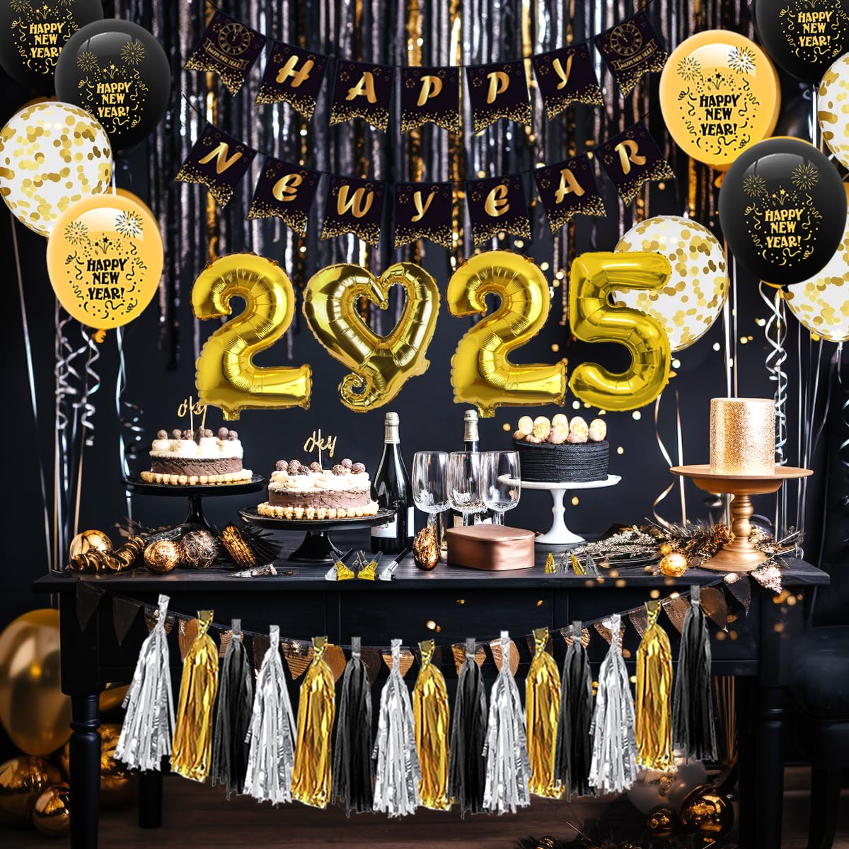 New Years Eve Party Supplies 2025 - New Years Party Decorations Pack Including Balloons, Hanging Swirls, Blowouts, Tissues Tassels Garland, Party Favors and Happy New Year Banner