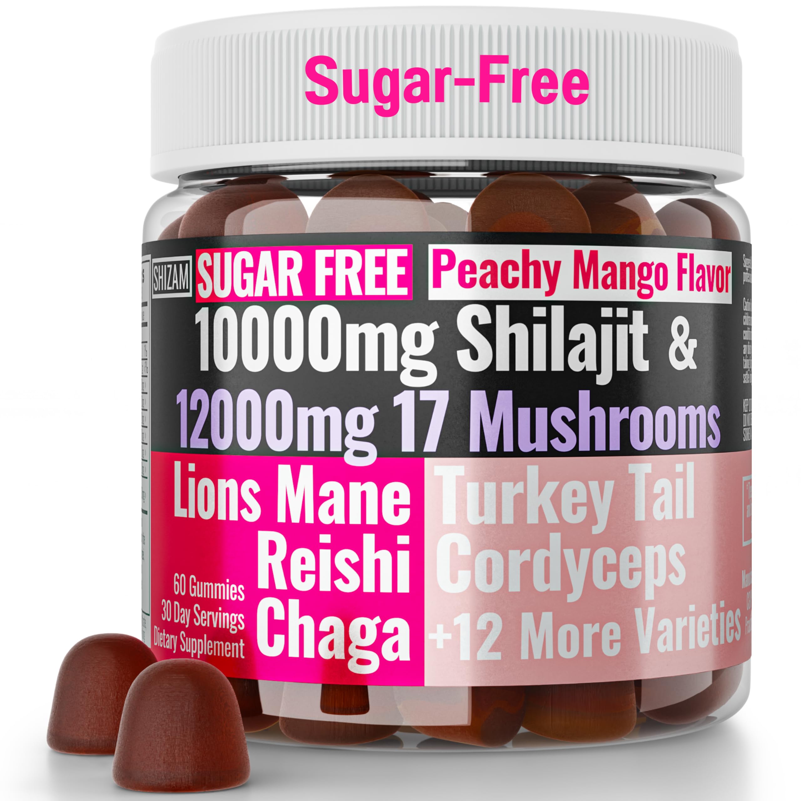 Sugar-Free Shilajit Mushroom Complex Gummies, Mushrooms Extract w. Lion's Lions Mane Reishi Turkey-Tail Cordyceps Shiitake Chaga Maitake Lionsmane Tincture Tea Powder Capsules Supplement Organic