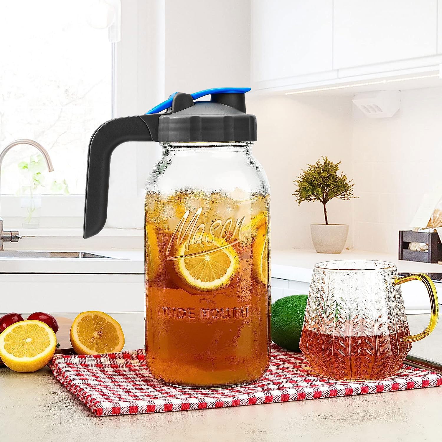 Half Gallon Mason Jar Pitcher Large Wide Mouth 64 oz with Lid - 2 Quart for Iced Tea, Sun Lemonade, Coffee, Airtight, Set of 1