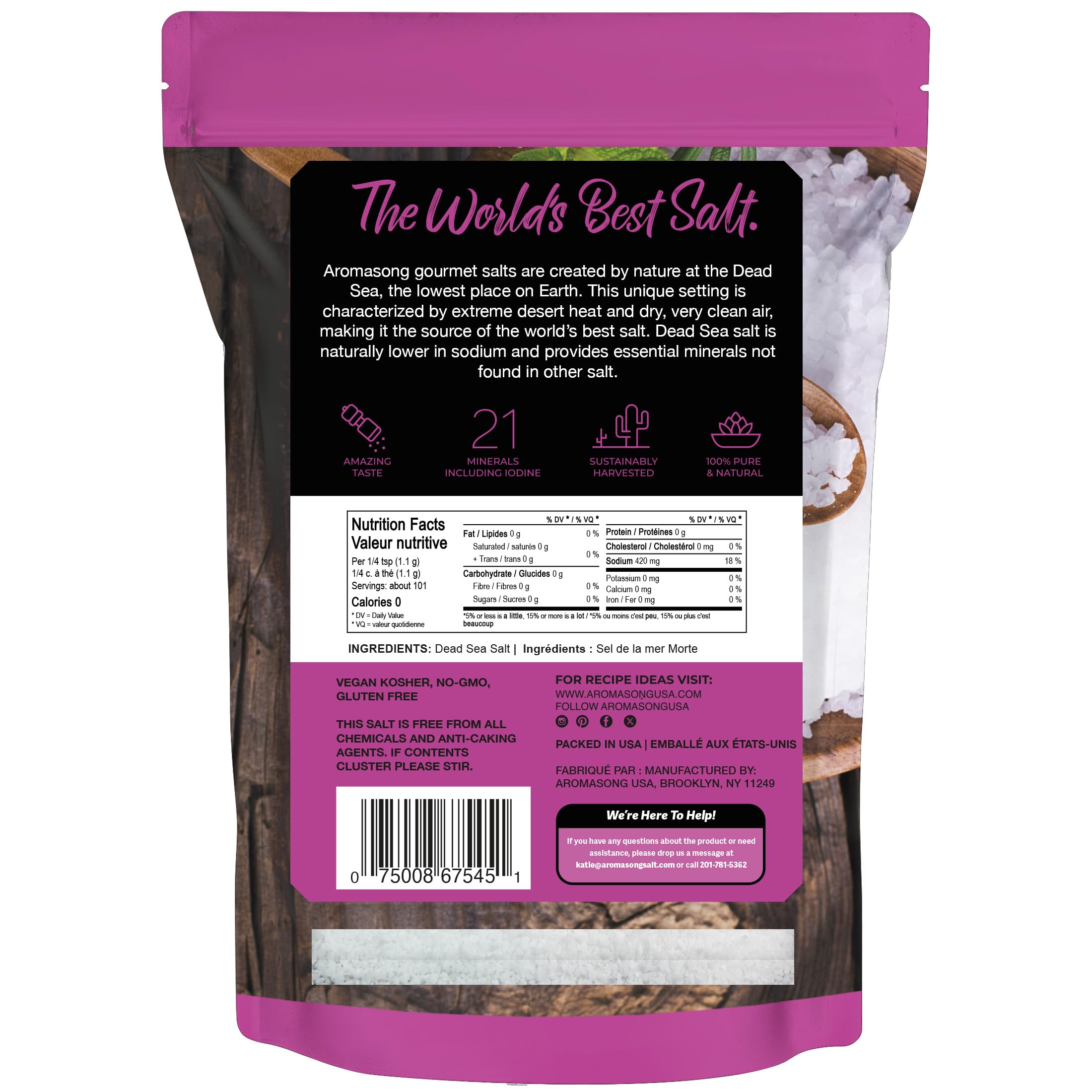 Aromasong Organic Coarse Sea Salt (2.43 LB.) with Black Peppercorn (12 OZ) Grinder, Mill Refill Combo Set for Cooking & Baking - Bulk Resealable Bag