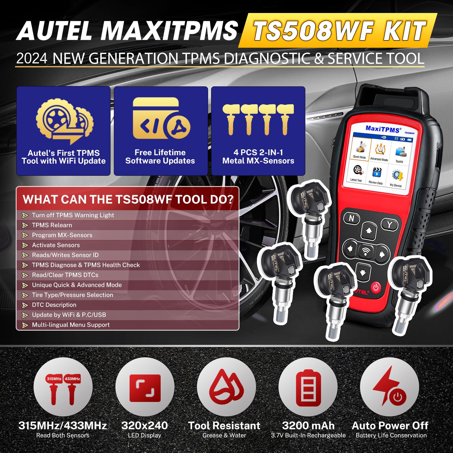 Autel MaxiTPMS TS508WF KIT TPMS Programming Tool, 2024 Upgraded WiFi Ver. of TS508K TS508 TS501 TS601 w/ $120 4PCS 315MHz+433MHz Autel MX-Sensor, Full TPMS Activate Relearn Diagnostic Scan Tool