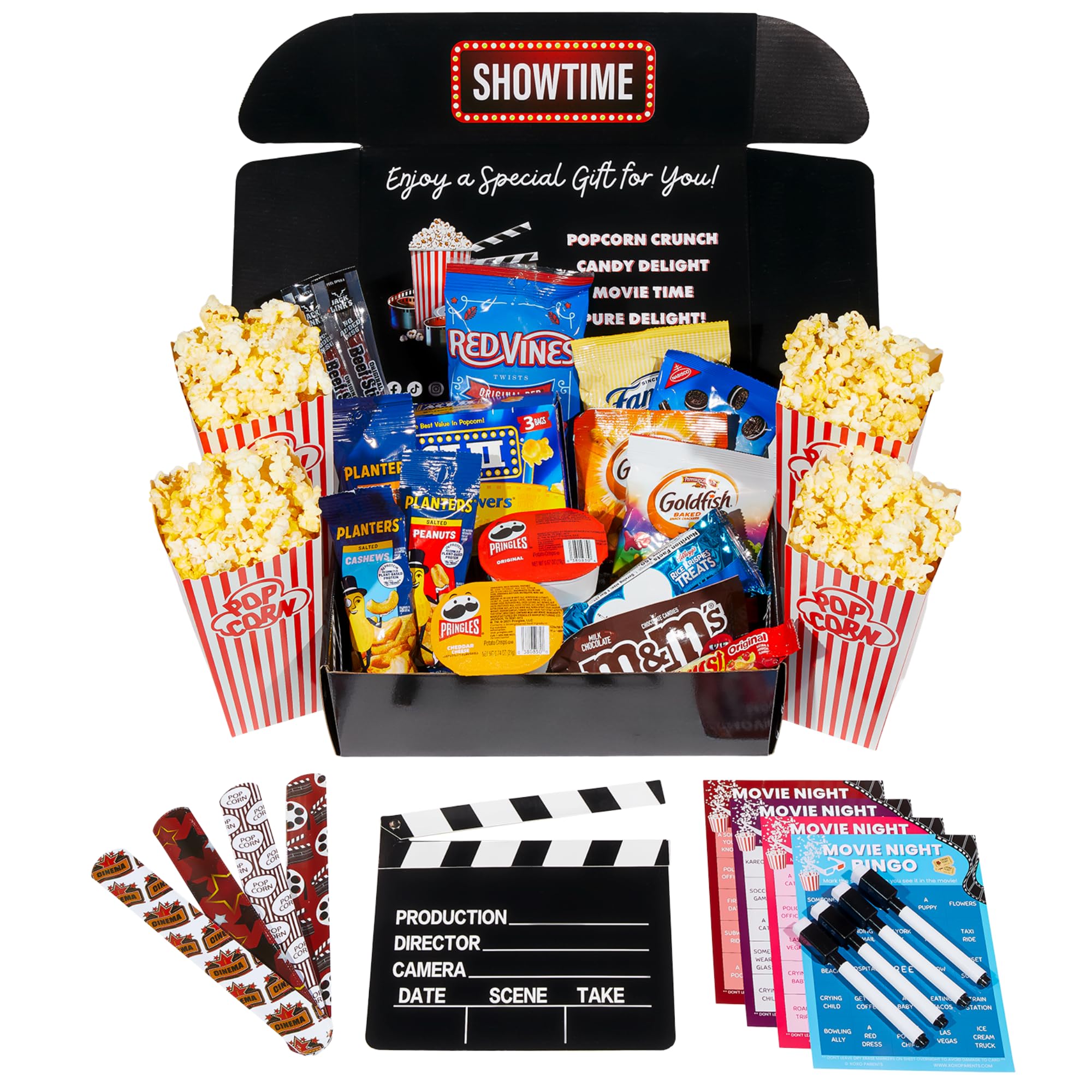 Movie Night Gift Basket – 33-Piece Gift Box with Popcorn, Candy, Snacks & Bingo – Birthdays, Date Night, Family, Kids, Adults, Mom, Dad, Teens, Christmas, Mothers Day, Fathers Day, Raffle & Fundraiser