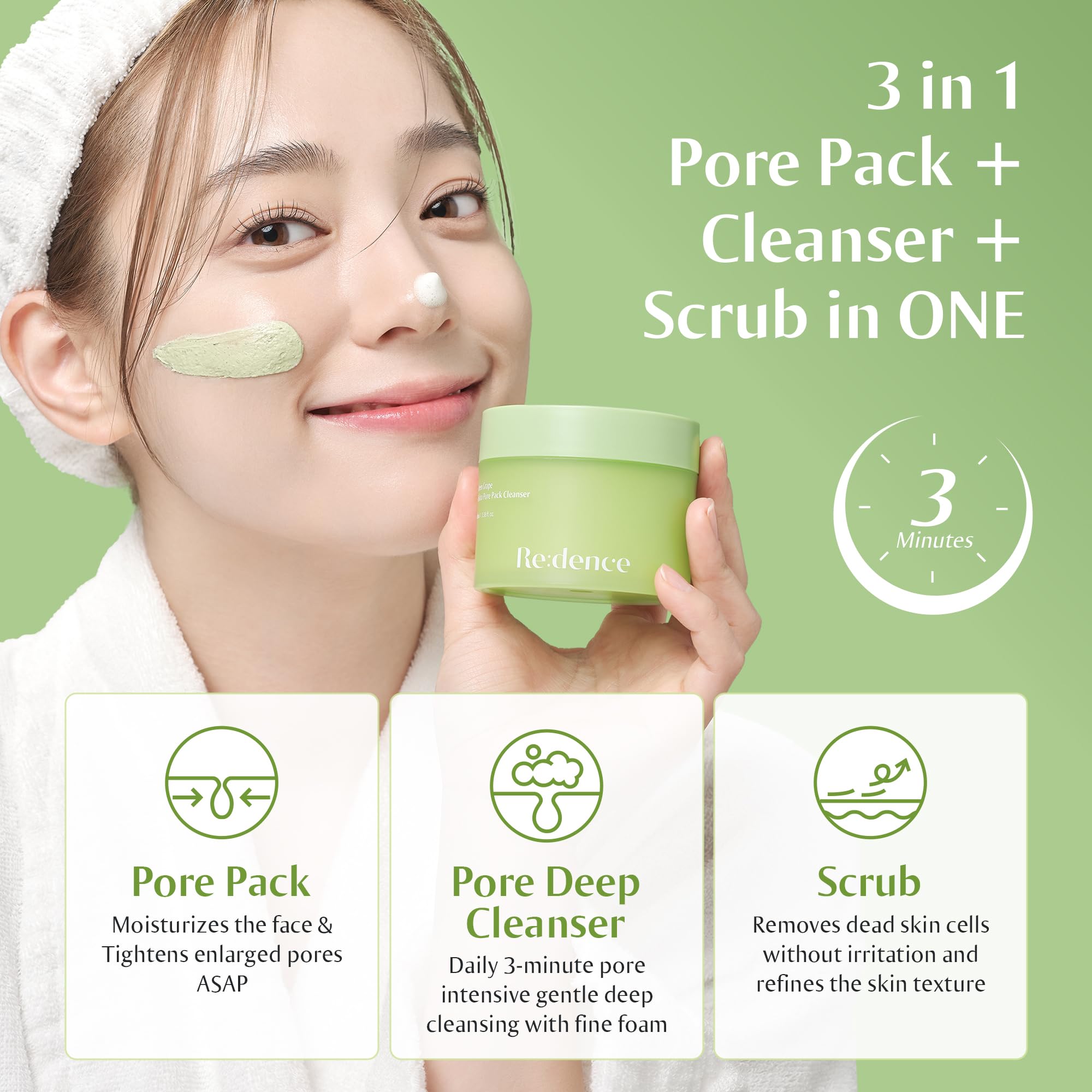 redence Green Grape 3-in-1 Gelato Pore Pack Cleanser, Pore Exfoliating Scrub Mud Mask Pack, No Tightness, Korean Skin Care, 100ml / 3.38 fl oz