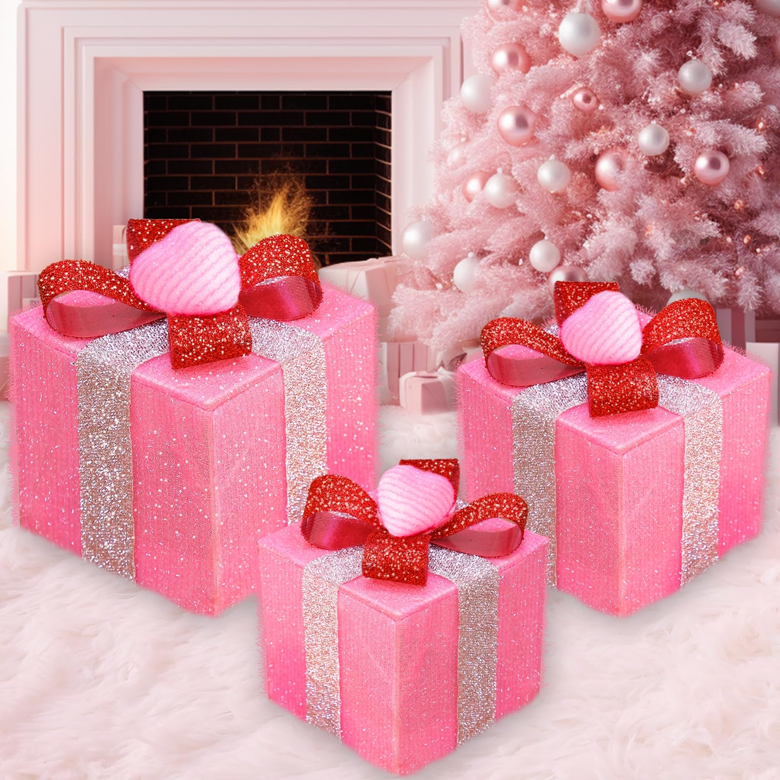 [Timer&8 Mode] 3 Pack Pink Valentines Decorations Christmas Lighted Gift Boxes with Pink Hearts Silver Glitter Fabric 60 LED Battery Operated Present Box Pink Decor for Room, Wedding, Valentines Gifts