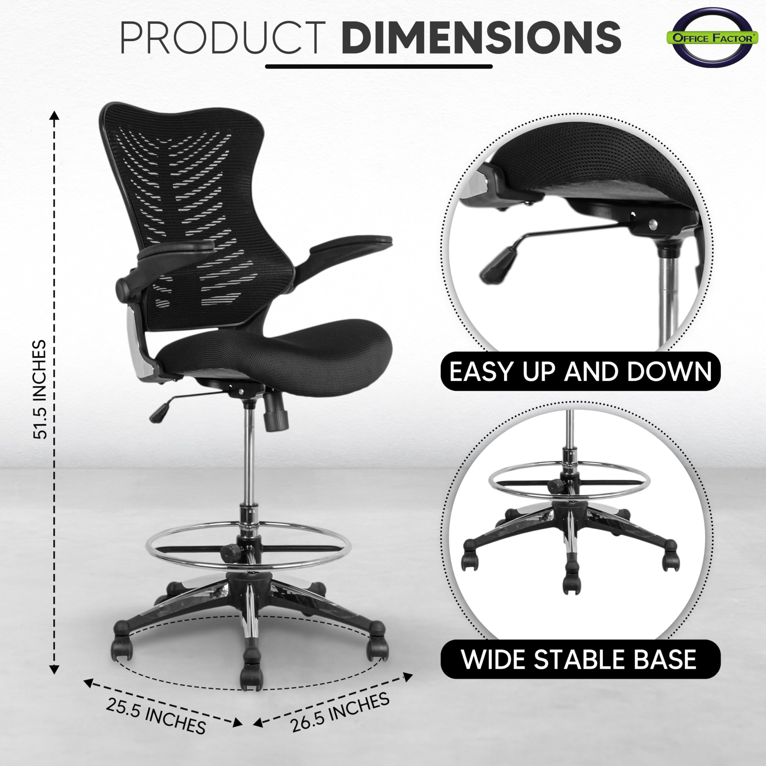 OfficeFactor Ergonomic Drafting Chair Tall Office Chair Standing Desk Chair Flip up Armrests Molded Foam Seat with Adjustable Footrest Ring Lumbar Support (Black MESH Fabric)