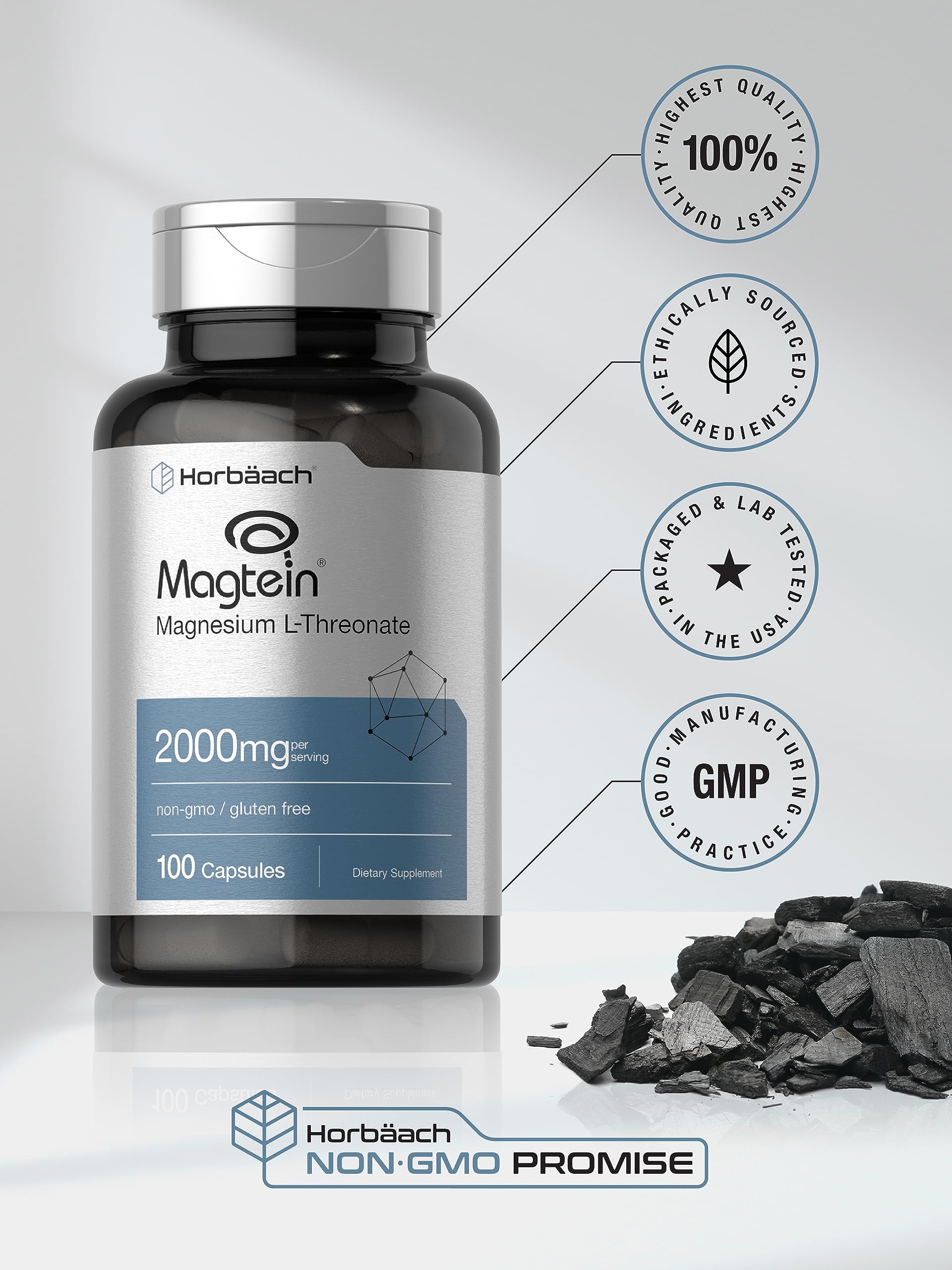 Horbäach Magtein Magnesium L-Threonate | 2000mg Supplement | 100 Capsules | for Men & Women | Non-GMO and Gluten Free