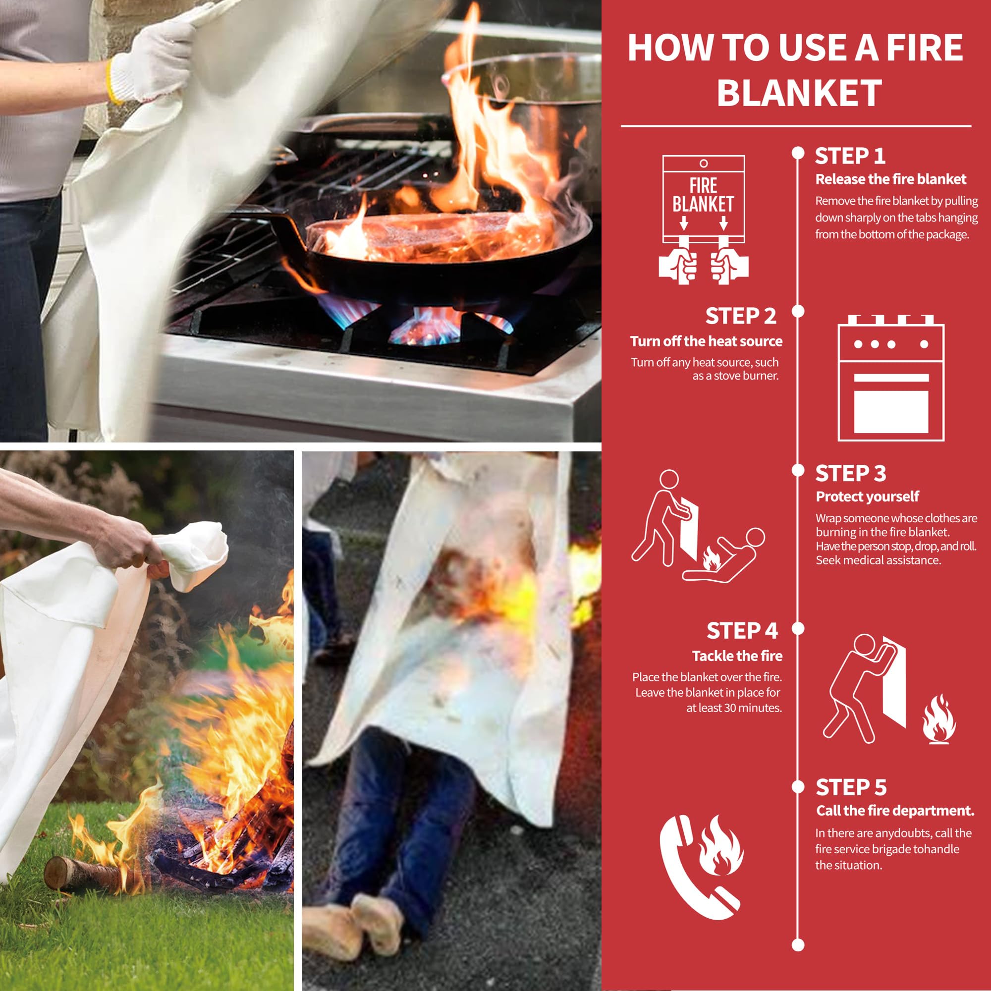 KingtooSize Fire Blanket for Kitchen and Home, 40" x 40", Fiberglass Emergency Fire Blanket, 2 Pack