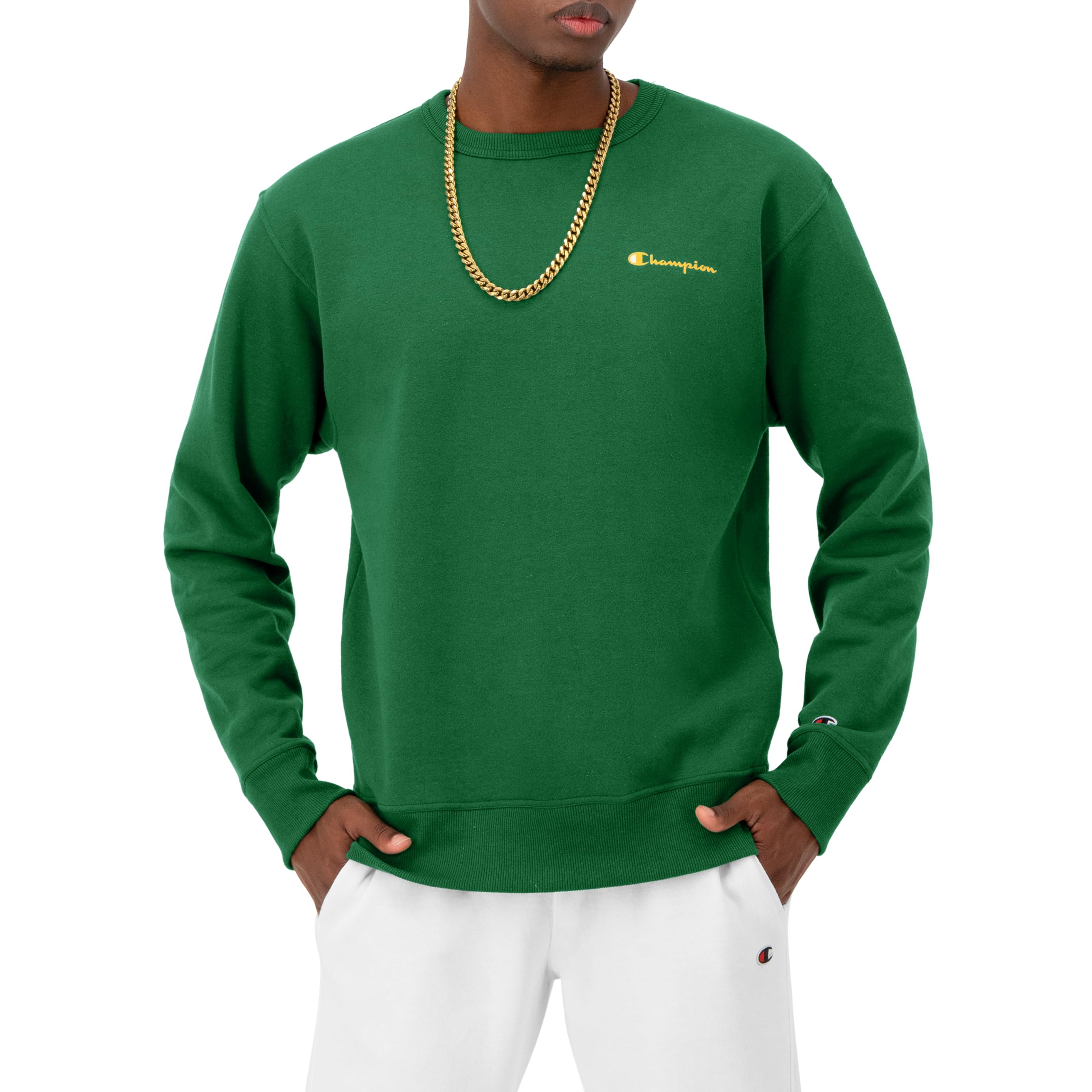 Champion Crewneck, Powerblend Fleece, Hoodie Sweatshirt for Men, Logo (Reg. or Big & Tall), Road Sign Green Small Script