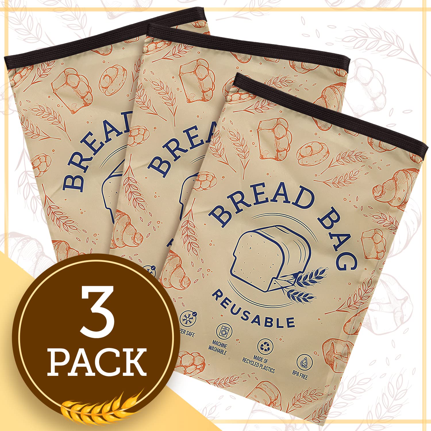 IMPRESA [3 Pack] Reusable Bread Bags - Double Seal Bread Freezer Bags to Lock in Freshness - Dishwasher & Washing Machine Safe - Homesteading Essentials