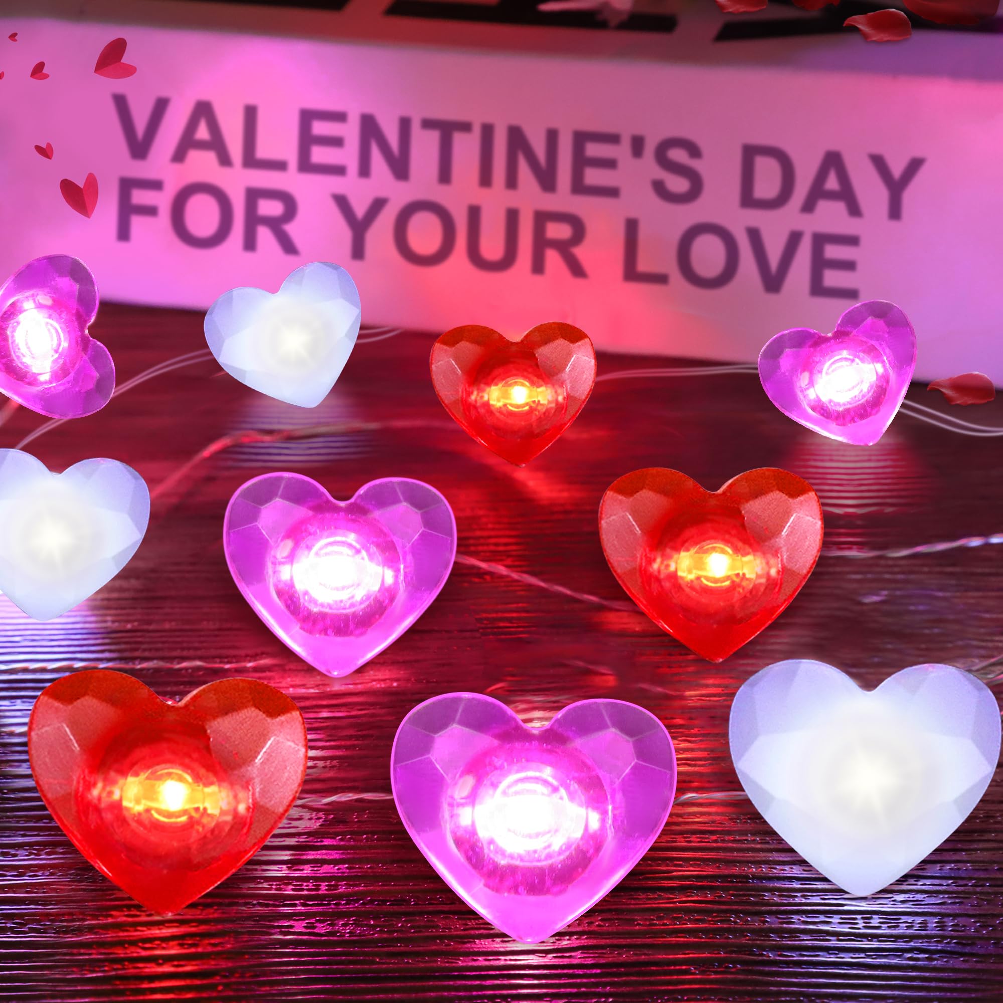 Valentines Day Decor 10FT 30 LED Valentine's Day Lights with Timer, Red Pink White Heart Lights String Battery Operated, 8 Modes Valentines Decorations Heart Fairy Lights Romantic Decor Home Bedroom