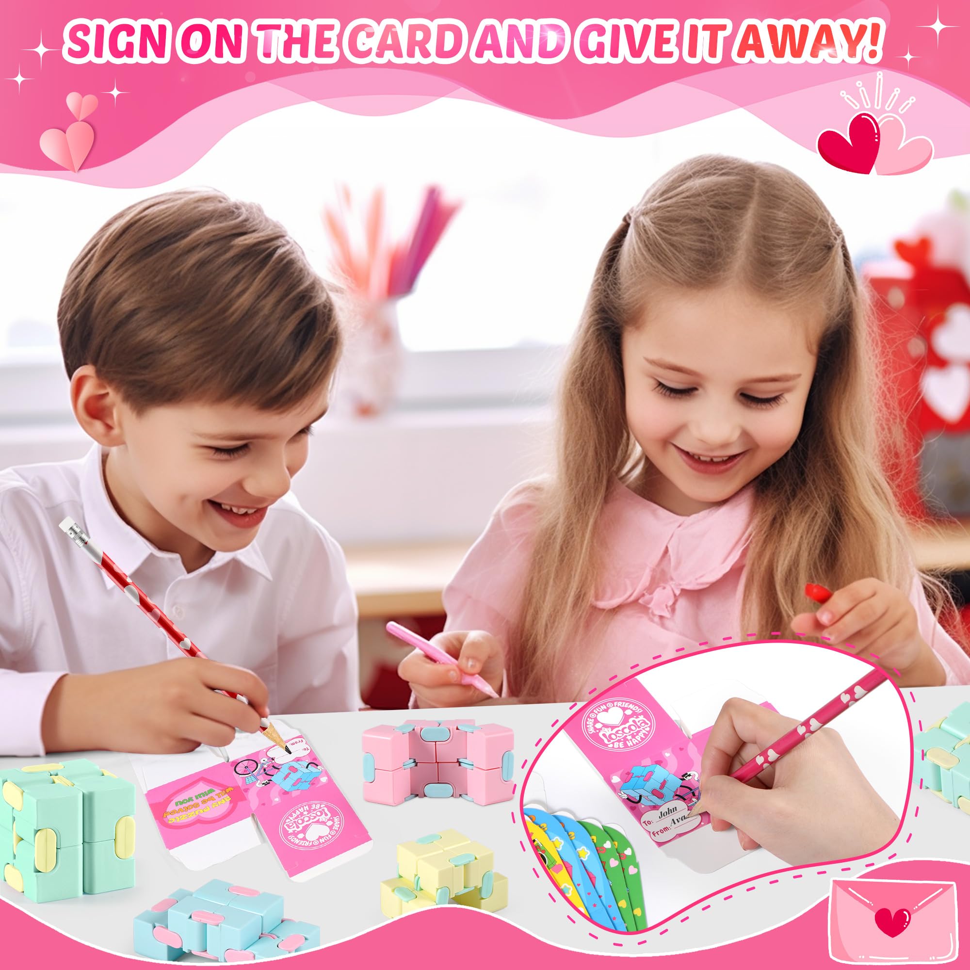 Loscola 28 Packs Valentines Day Gifts for Kids Classroom, Fidget Cube Toy with Valentines Boxes for Kids, Kids Valentines Day Cards, Valentines Cards for Kids Classroom Exchange Gift Valentines Prizes