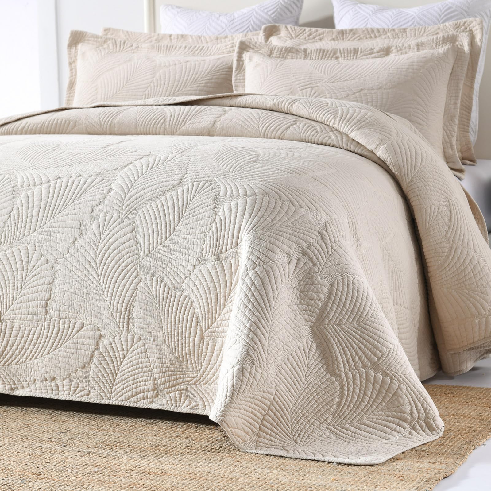 mixinni Beige Tropical Palm Tree King Size Quilt Set Soft Cotton Bedspread Coverlet Bed Cover-King Size