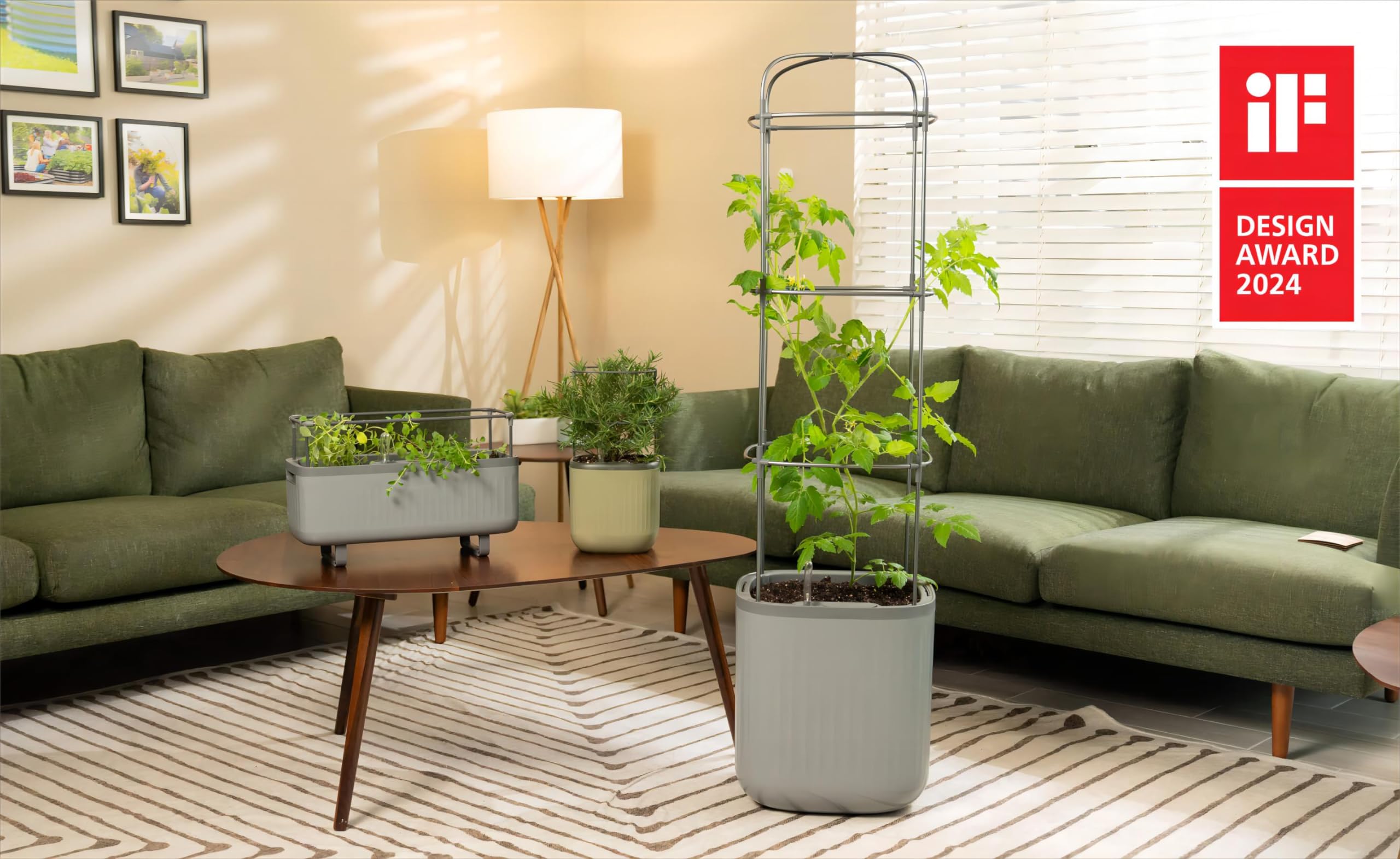 Vego Garden Mini Planter Indoor Pots with Trellis Self-Watering Herb Countertop Planter for Climbing Vegetables Flowers Mint Plants Cage- Sage Green