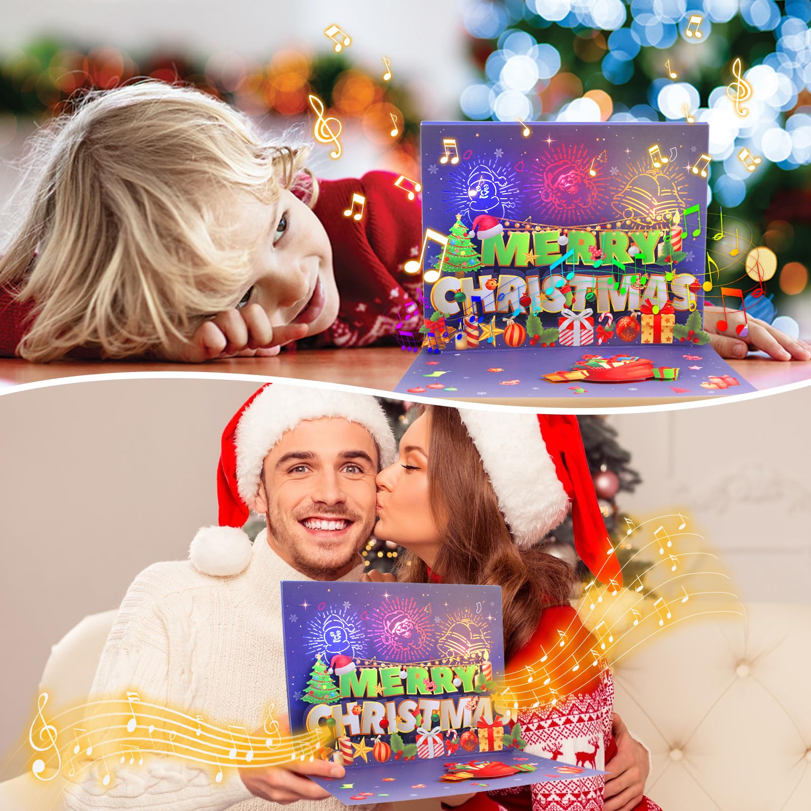 MZD8391 LIGHTS & MUSIC 3D Pop Up Firework Christmas Card, Handmade Christmas Card Gifts with Santa, Snowman, Xmas Cards, Playing-We Wish You a Merry Christmas (Multicolor)