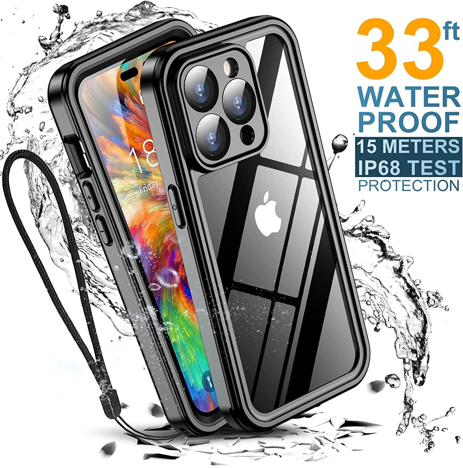 Temdan for iPhone 14 Pro Max Case Waterproof, [Built-in Screen Protector][IP68 Underwater][14FT Military Dropproof][Dustproof][Real 360] Full Body Shockproof Protective Phone Case 6.7'' - Black/Clear