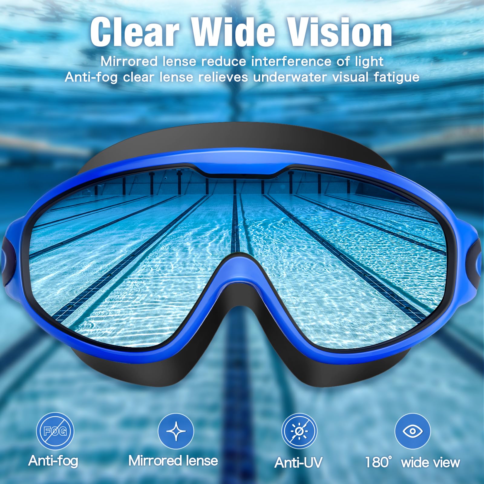 Water Space 2 Pack Swim Goggles Swimming Adult Anti-fog, Swim Goggles for Men Women Adult Youth, UV Protection Waterproof Large Frame 180° Wide View Clear Vision Swimming Goggles Pool Water Goggles