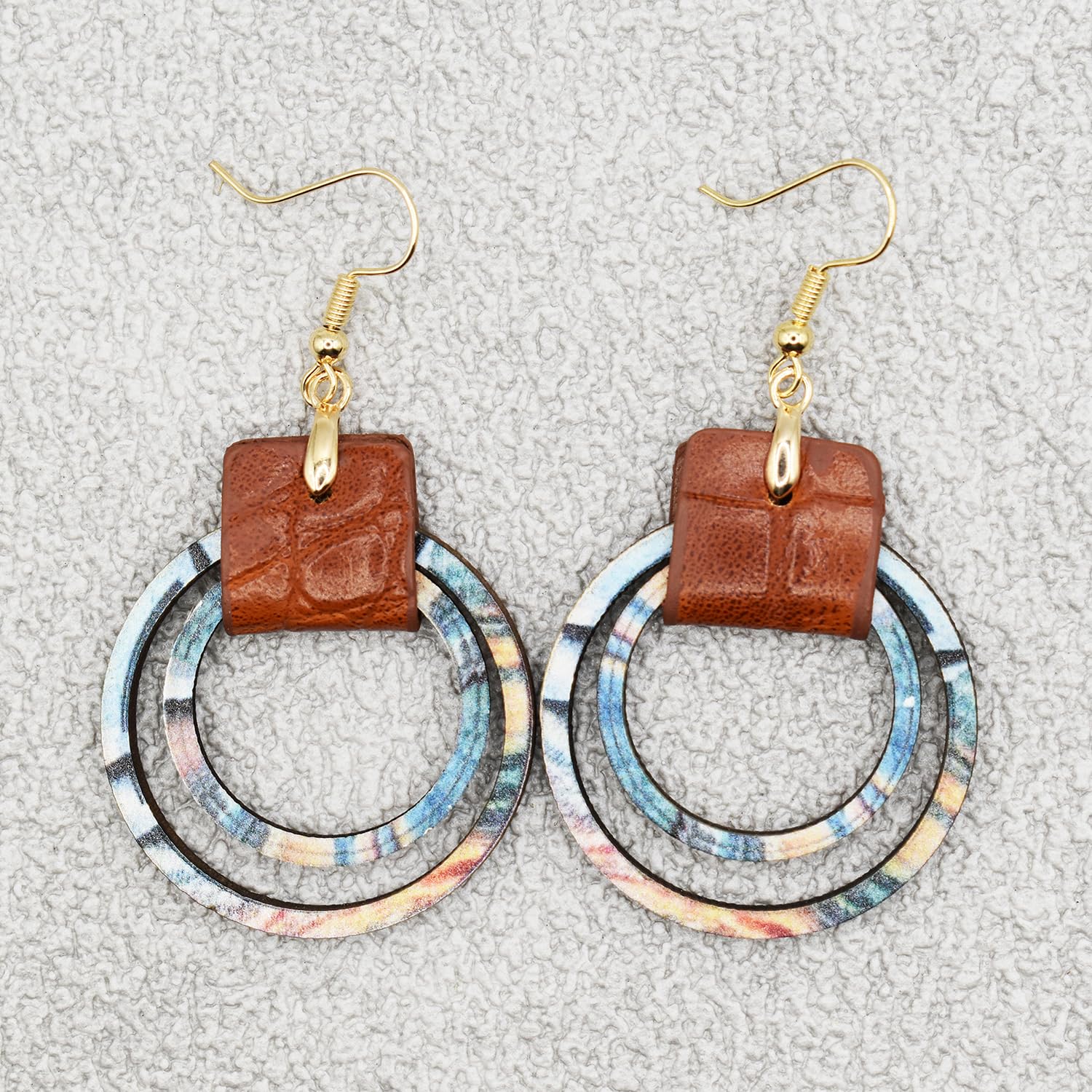 Handmade Big Hoop Earrings, Boho Earrings, Colorful Wooden Leather Earrings, Wood Circle, Statement Jewelry for Women