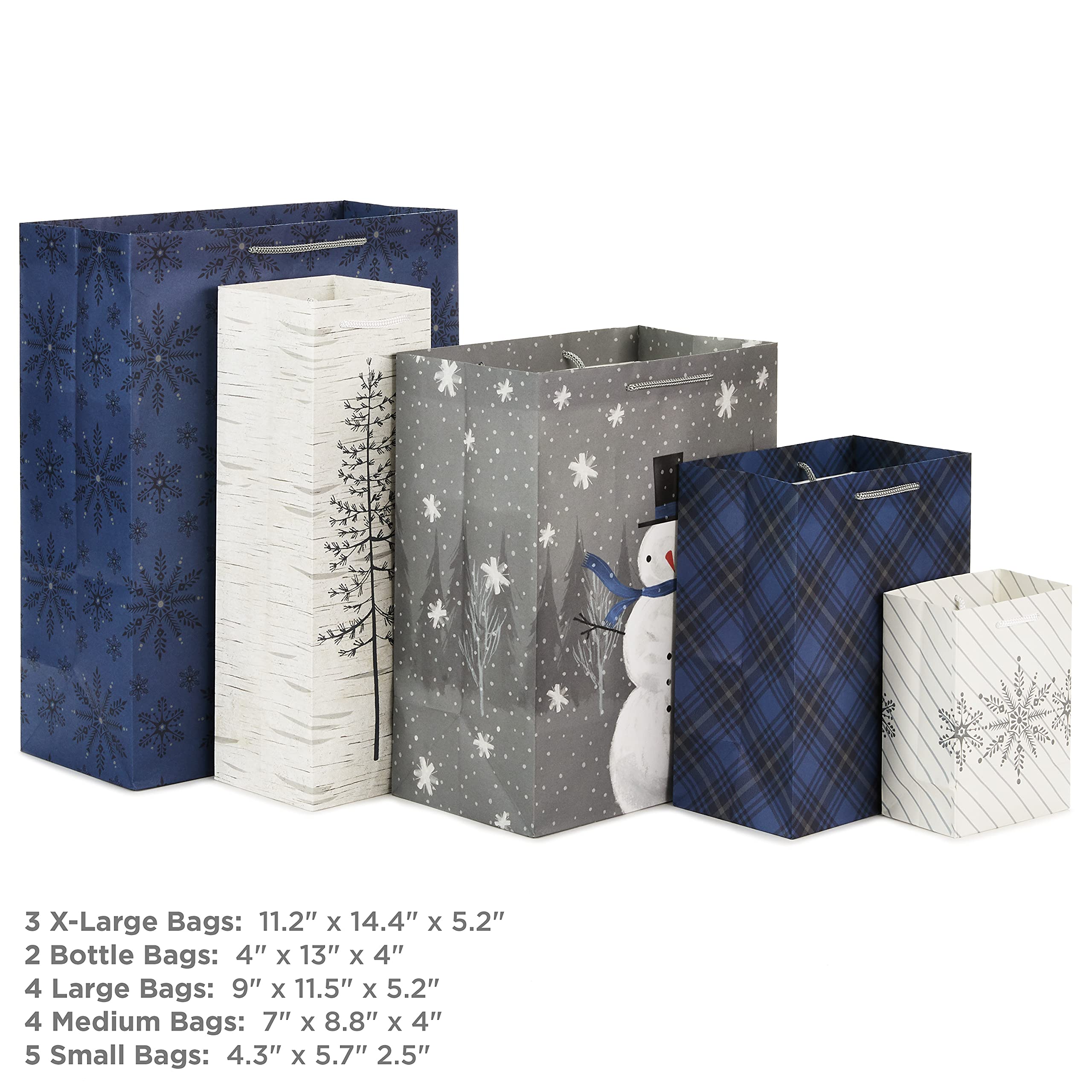 Hallmark Assorted Christmas Gift Bags Bulk - Snowflake, Tree, Snowman, Plaid (18 Gift Bags: 5 Small 5", 4 Medium 8", 4 Large 11", 3 XL 14", 2 Bottle Bags) for Holiday Parties, Hanukkah, Weddings