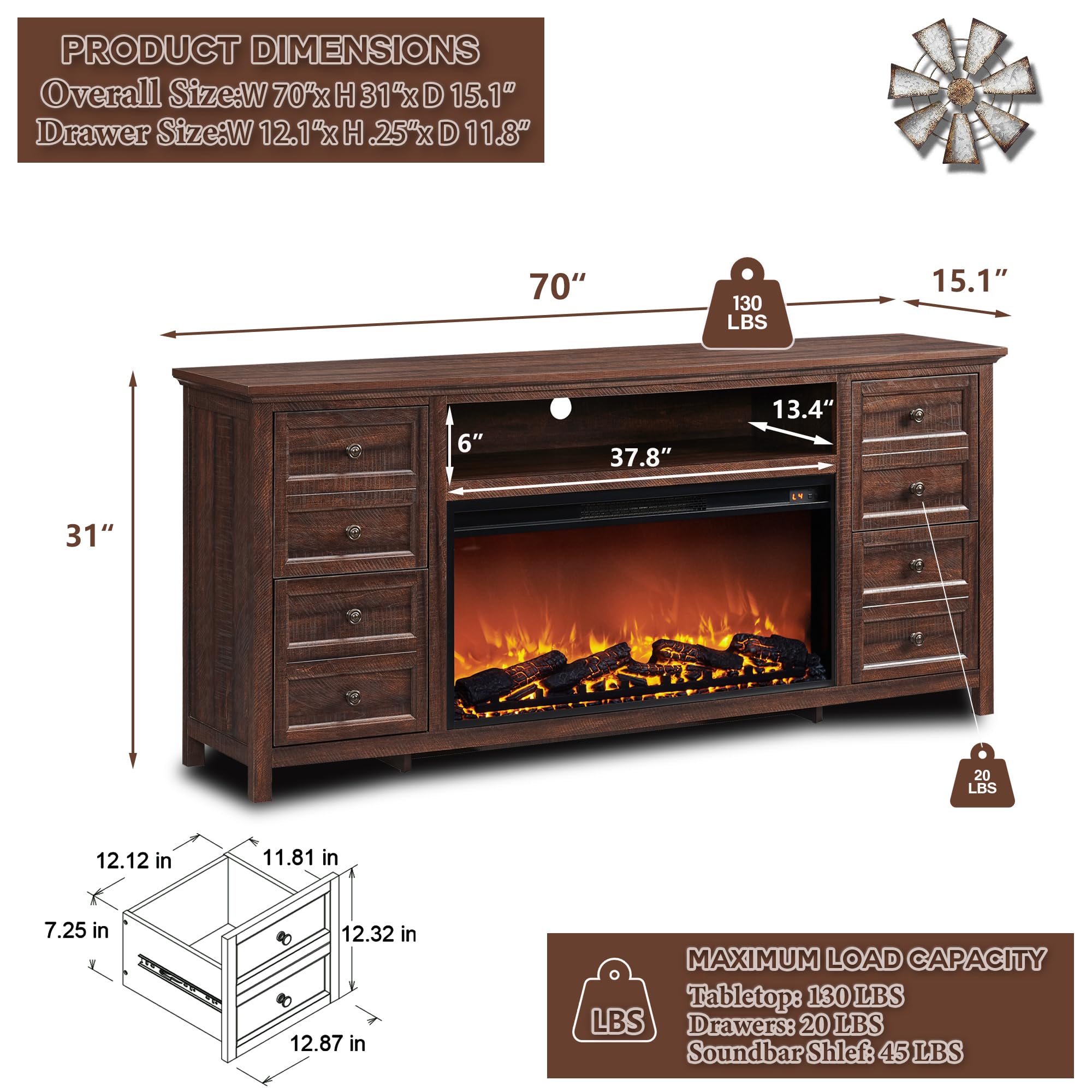 SinCiDo Fireplace TV Stand for TVs up to 80 Inches, Farmhouse Entertainment Center w/36 Electric Fireplace & 4 Faux Double Drawers, Large Media Console Cabinet for Living Room, 70 Inch, Brown