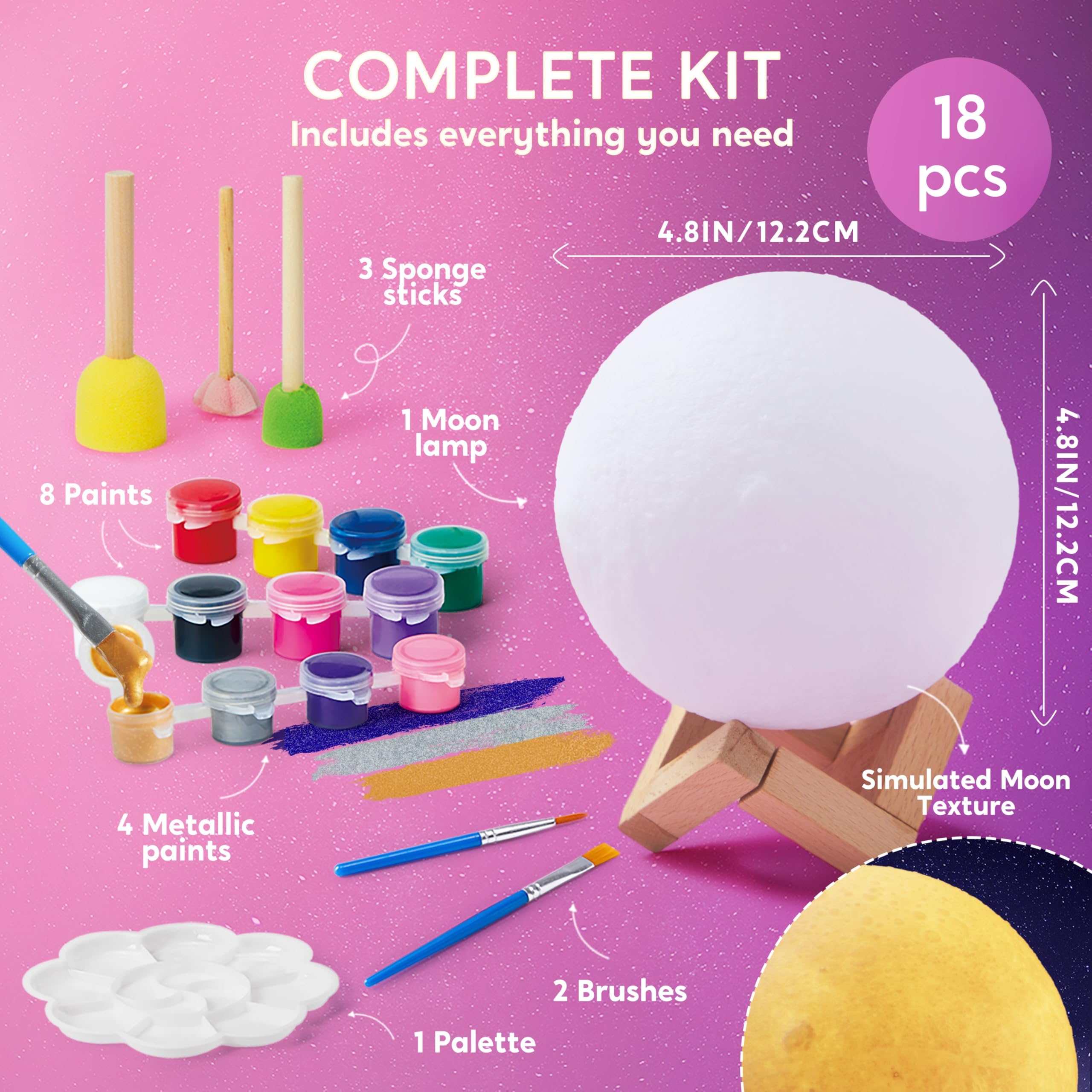 Klever Kits DIY 3D Moon Night Light, Paint Your Own Moon Lamp Kit Galaxy Lamp Arts and Crafts Kit, School Activities, Birthday Gifts for Kids Girls Boys