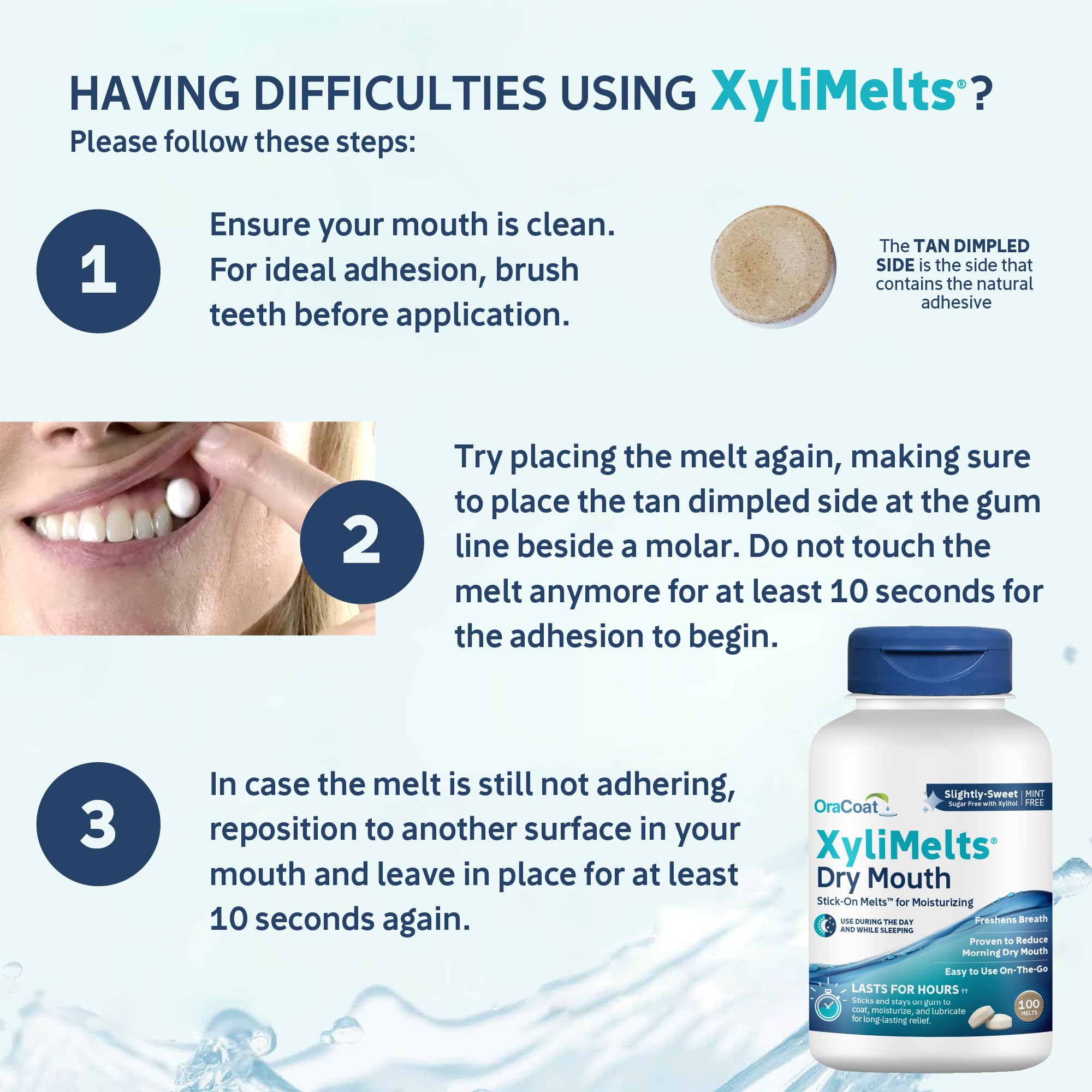 OraCoat XyliMelts Dry Mouth Relief Oral Adhering Discs, Slightly Sweet with Xylitol, for Dry Mouth, Stimulates Saliva, Non-Acidic, Day and Night Use, Time Release for up to 8 Hours, 100 Count