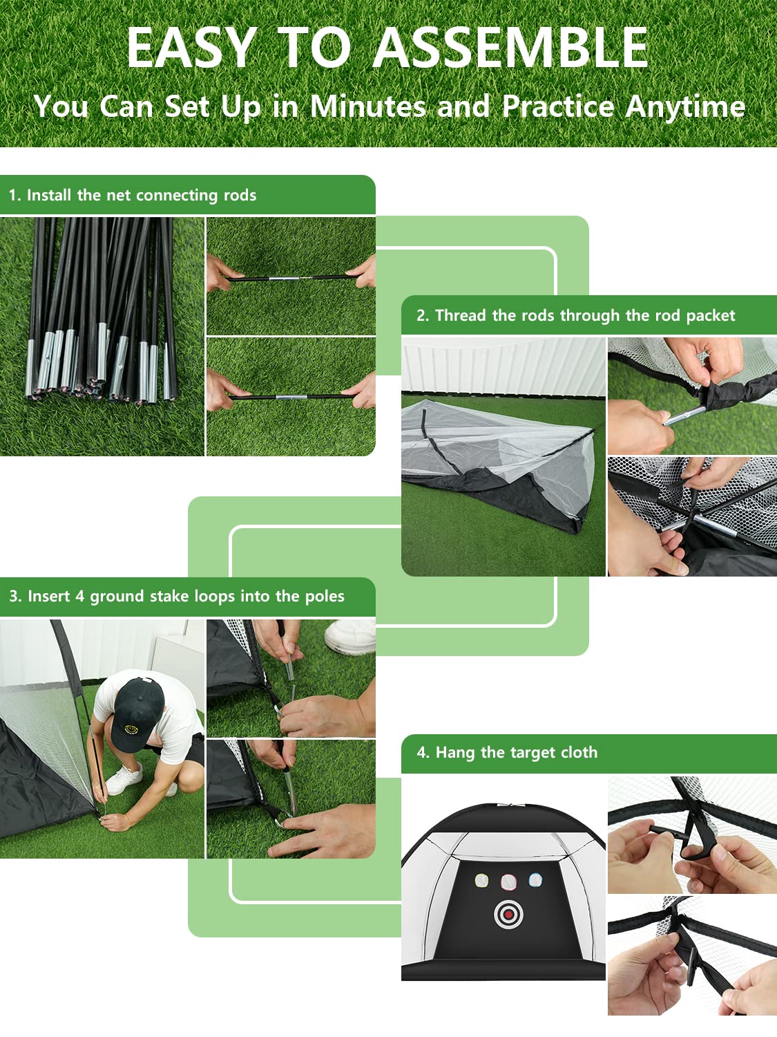 Golf Practice Net - 10x7ft Hitting Aid with Targets / 1 Mat / 5 Balls / 1 Tee / Bag - Men's Indoor/Outdoor Swing Trainer